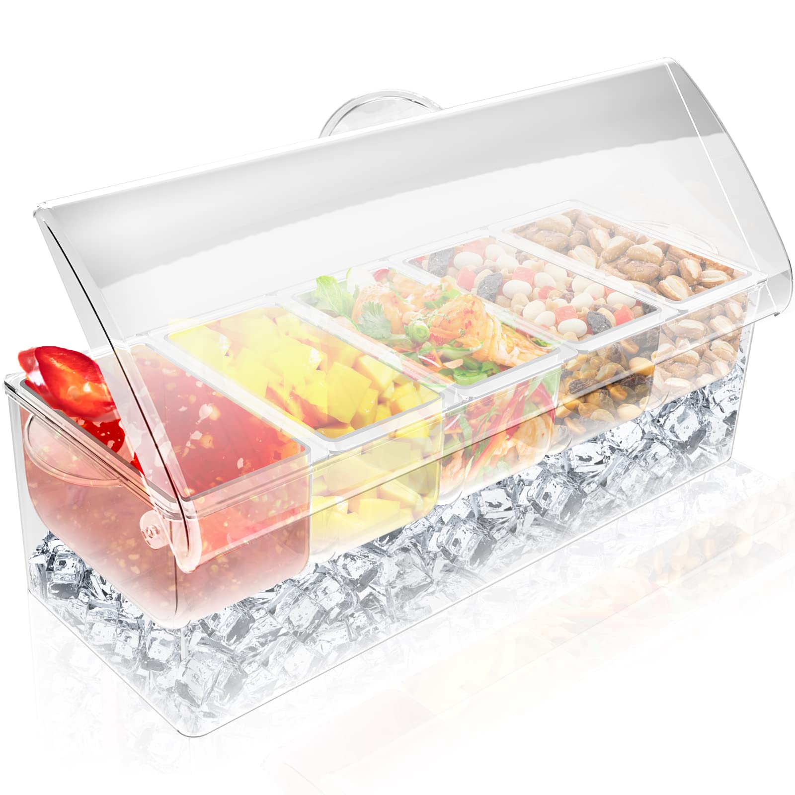 Fodiens 5 Compartment Condiment Server, Ice Chilled Condiment Containers With Lid, Clear Condiment Caddy Serving Tray On Ice Wit