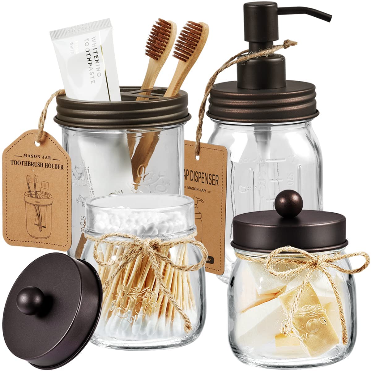 Amolliar Mason Jar Bathroom Accessories Set(4 Pcs) -Lotion Soap Dispenser & 2 Cotton Swab Holder &Toothbrush Holder-Rustic Farmh