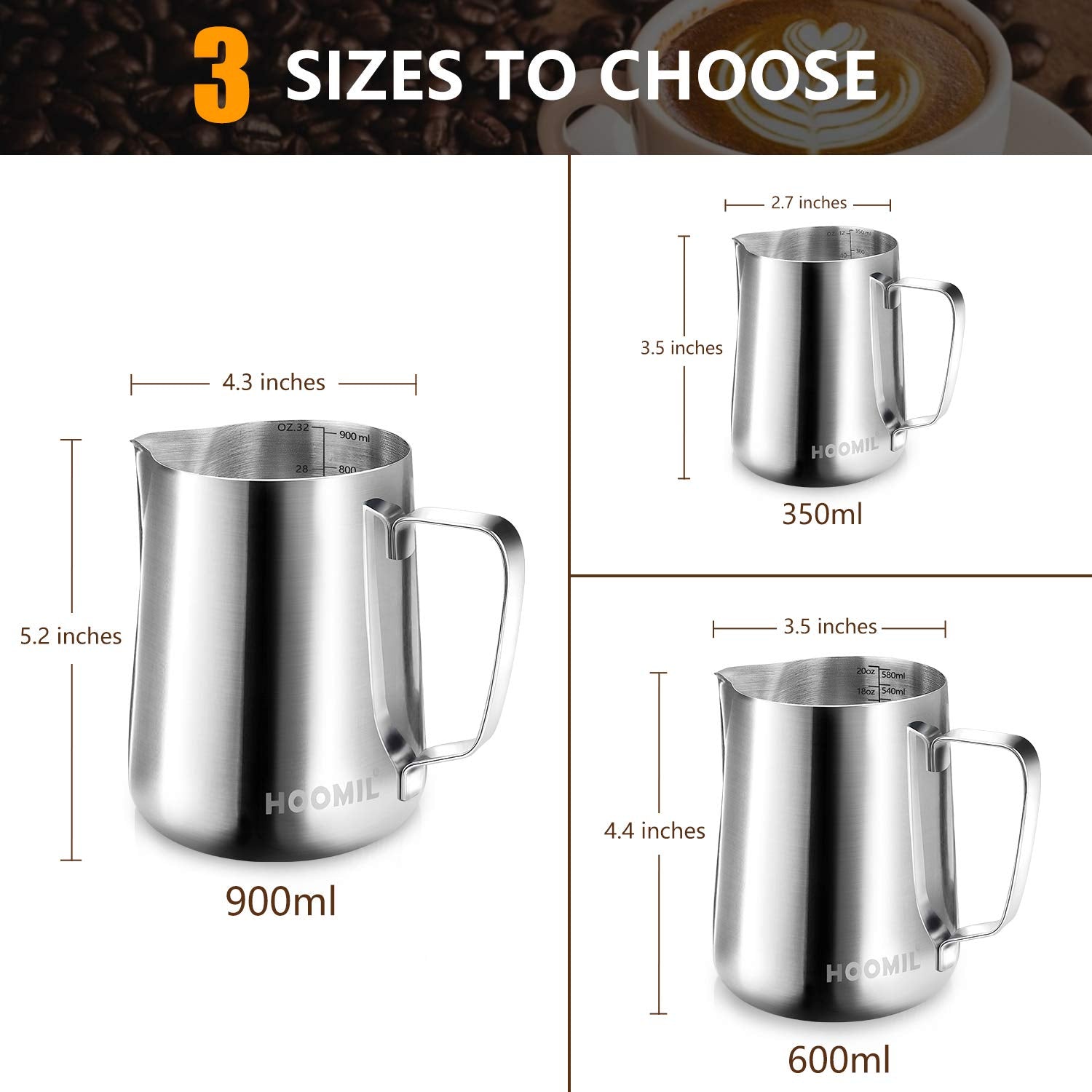 Hoomil Milk Frothing Pitcher, 20Oz/600Ml Stainless Steel Steaming Pitcher Barista Milk Frother Cup Jug For Espresso Machine Coff