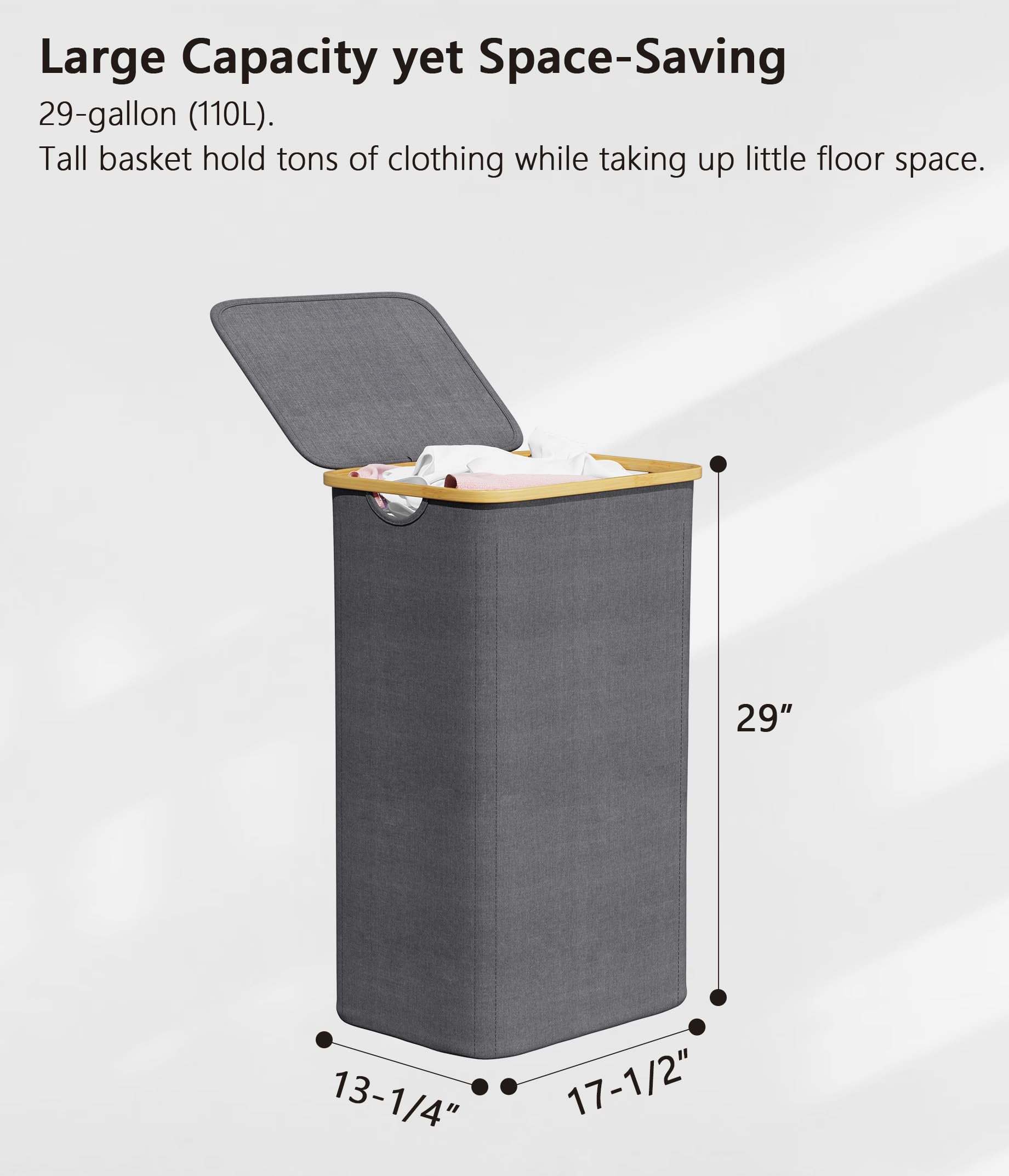 Suoco Laundry Hamper With Lid, 29 Gal (110L) Clothes Basket With Bamboo Handles, Large Foldable Laundry Hamper For Bedroom, Bath