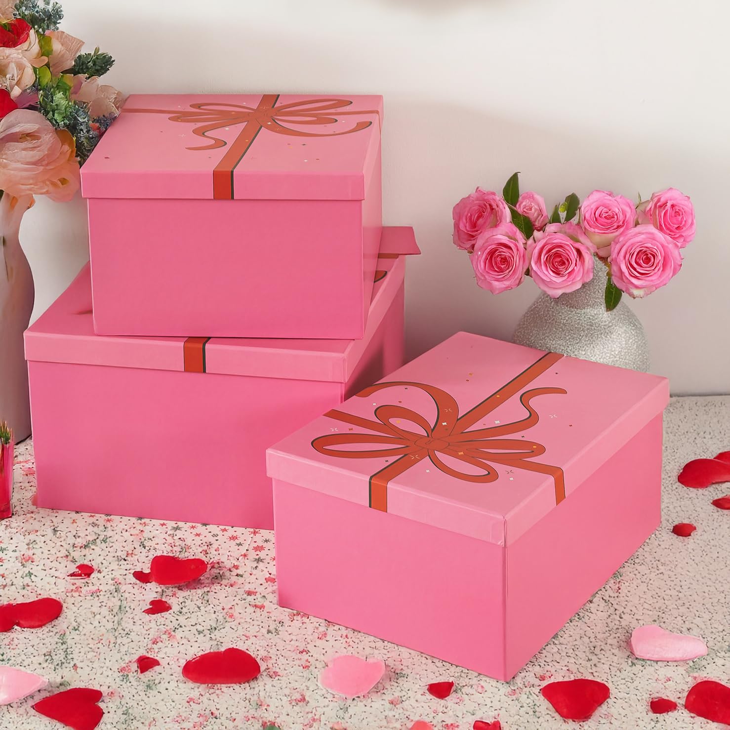 Soul & Lane Pink Valentine s Day Gift Boxes for Presents, Set of 3 Blush Sparkle Cardboard Storage, Large Decorative Keepsake Bo