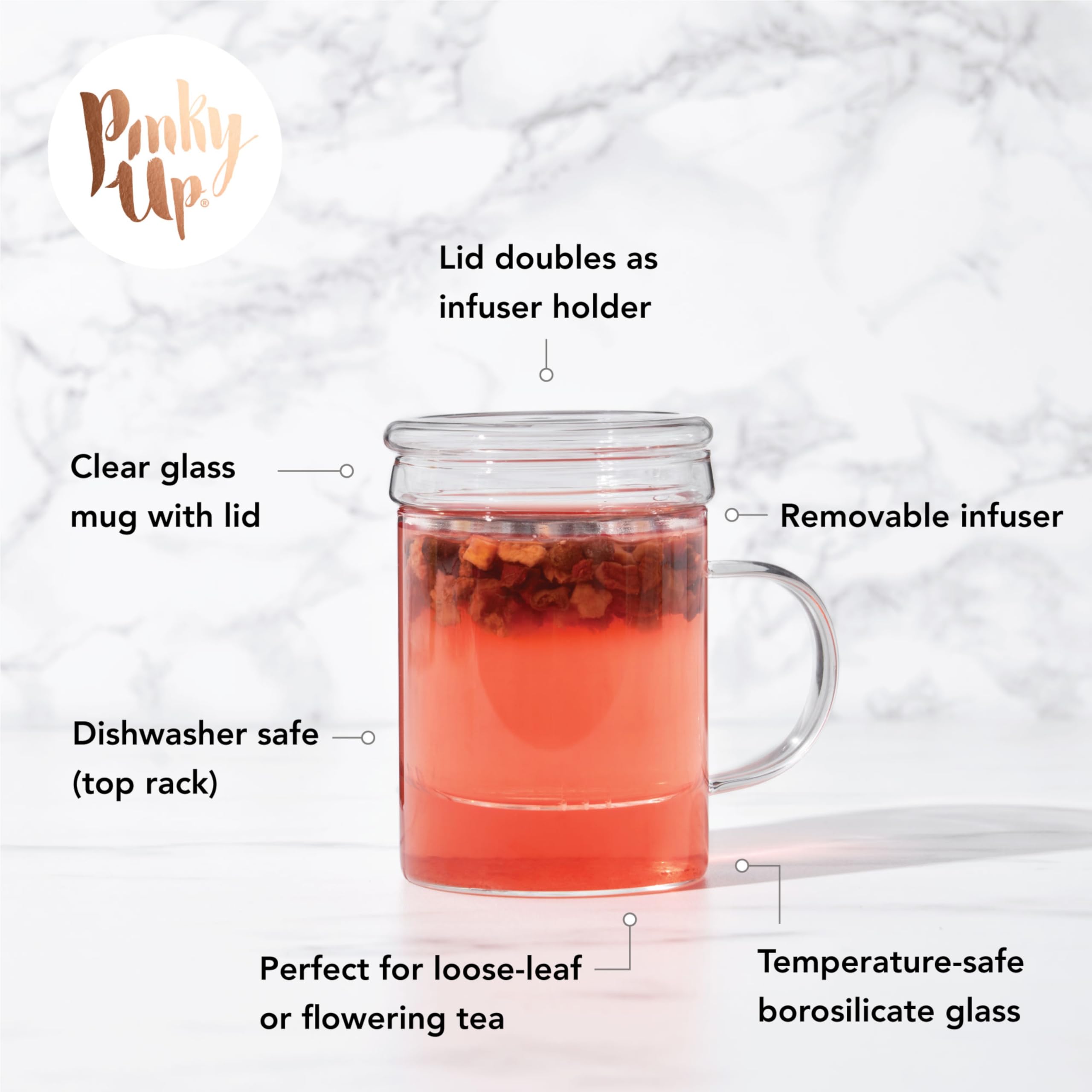 Pinky Up Blake Tea Infuser Mug With Lid, Glass Cups For Loose Leaf Or Flowering Teas, Travel Mugs, Home Office, Picnic, Camping,