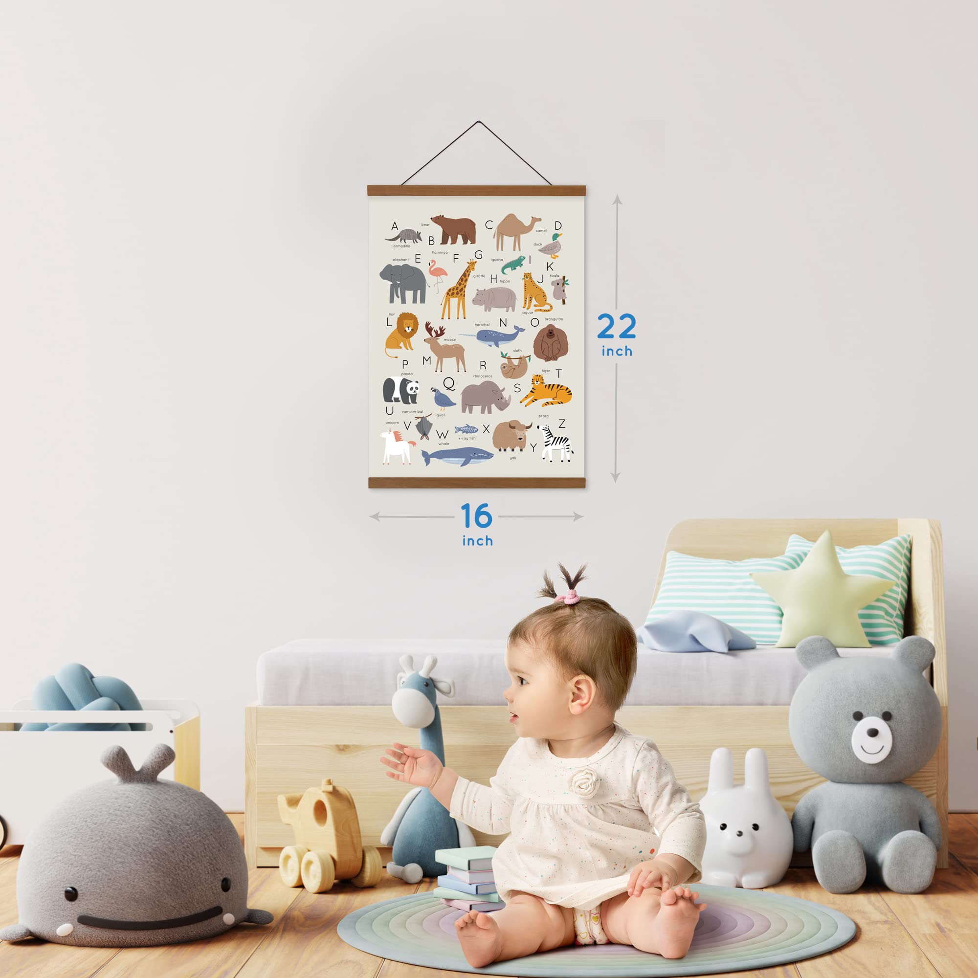 Lenny'S World Animal Alphabet Poster On Linen Canvas With Teak Wooden Poster Hanger (Abc Animals) Durable Ready To Hang Learning