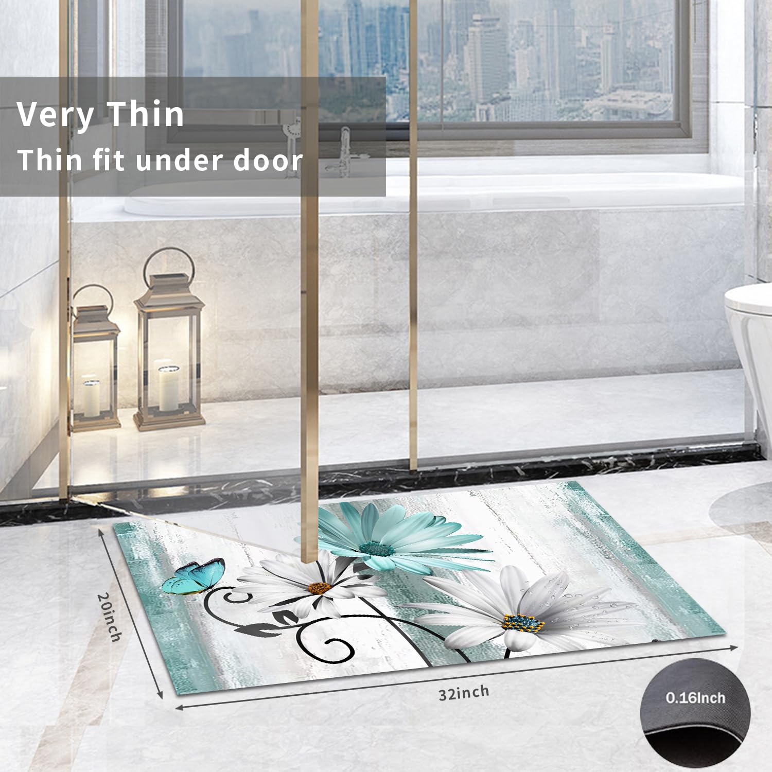 Muginyu Teal Daisy Floral Bath Rug Sets 3 Piece, Rustic Farm Farmhouse Bath Mat Quick Dry Thin Rubber Diatomaceous Earth Turquoi