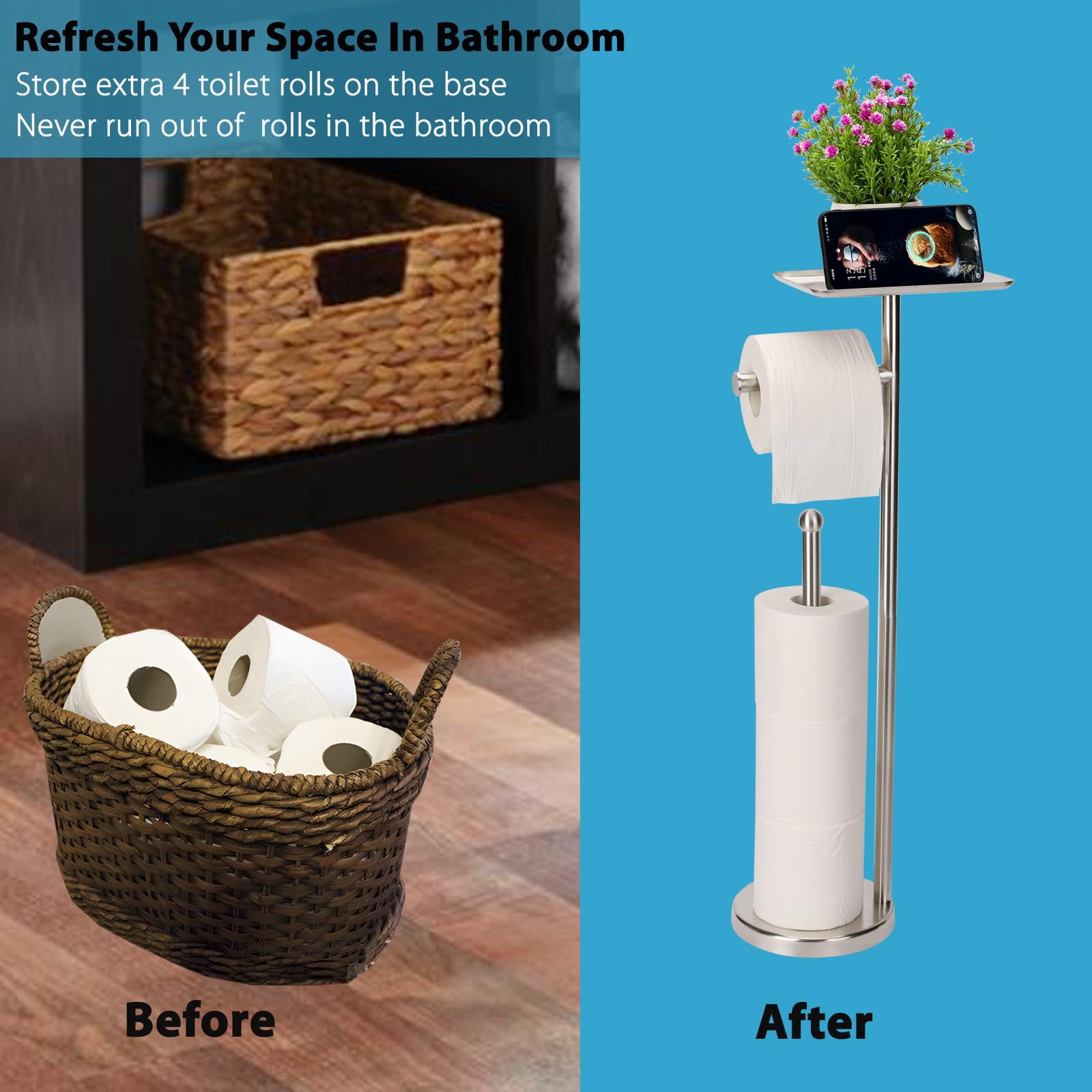 Noonext Toilet Paper Holder With Shelf, Freestanding Toilet Paper Stand With Tray For Small Items, Toilet Paper Holder Freestand