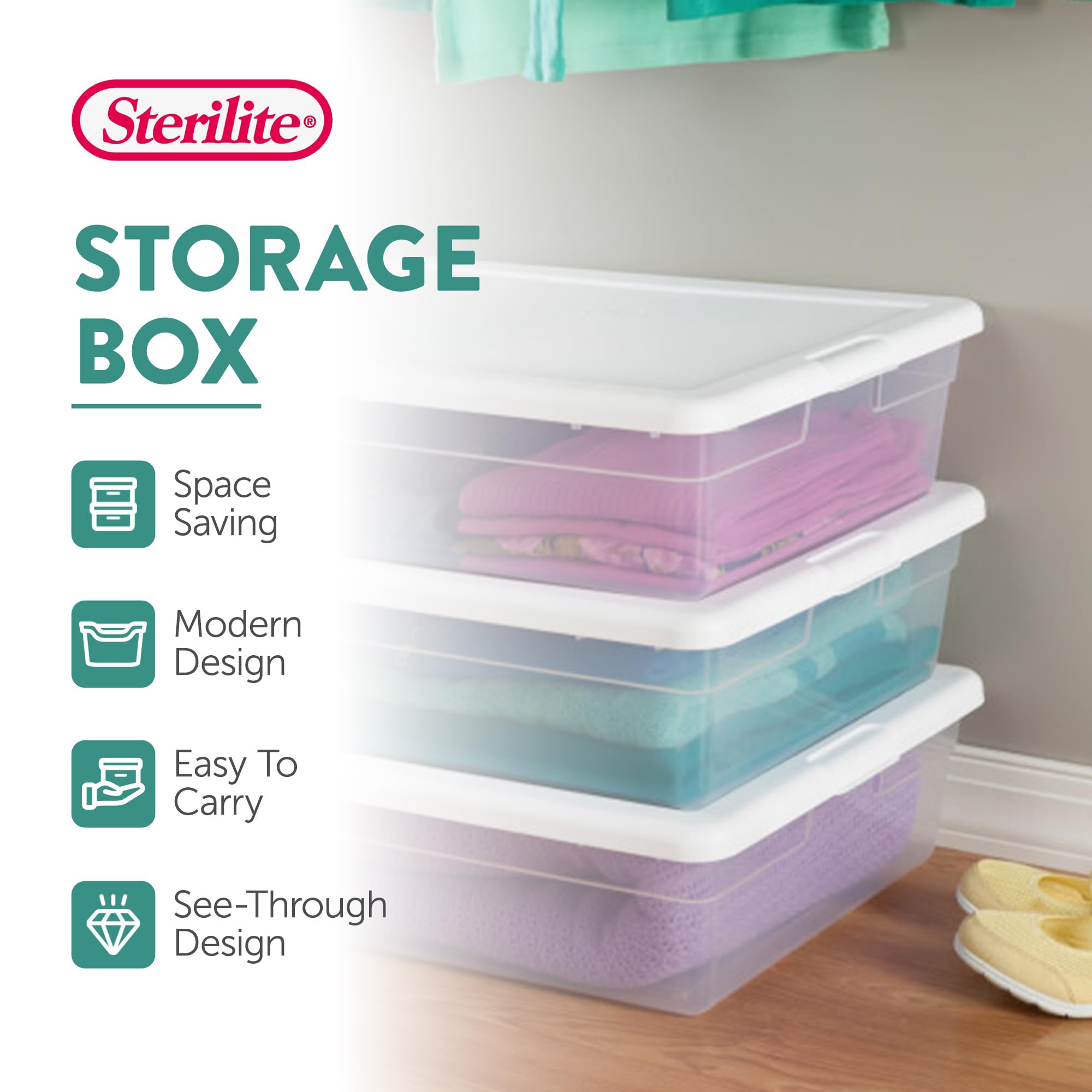 Sterilite 28 Qt Underbed Storage Box, Stackable Bin With Lid, Plastic Container To Organize, Bedroom, Clear Base And White Lid,