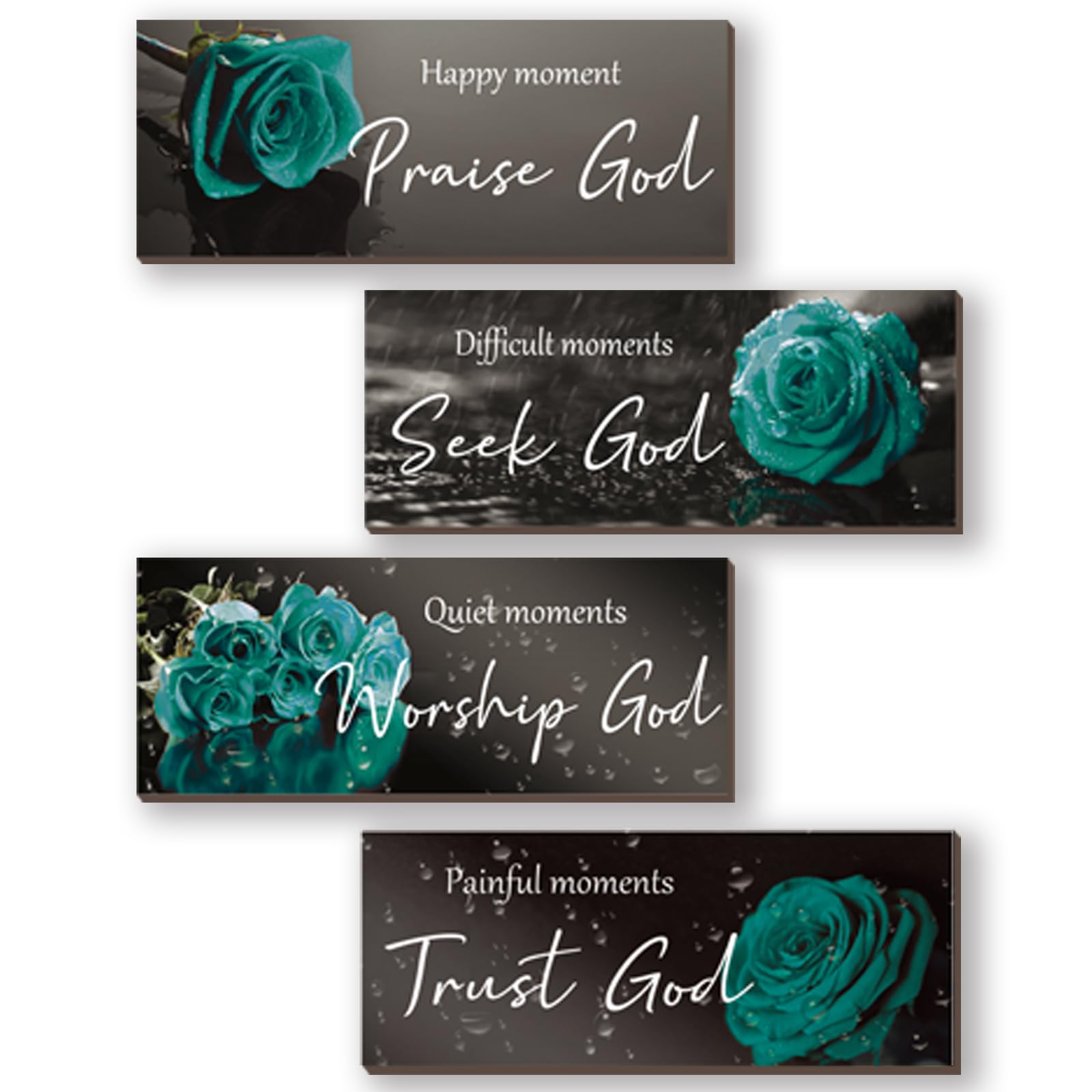 ONIZHITY 4 Pcs Teal Bathroom Decor Religious Wall Art Turquoise Bathroom Bible Verse Inspirational Teal Rose Wall Decor Wooden C
