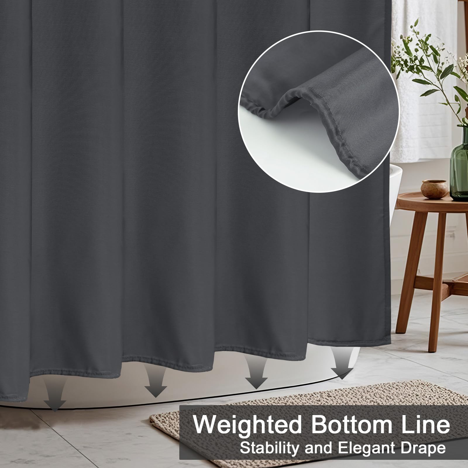 AooHome Fabric Shower Curtain 48 Width x 72 Height Inch  Solid Color Bath Curtain with Hooks for Hotel  Waterproof  Dark Grey