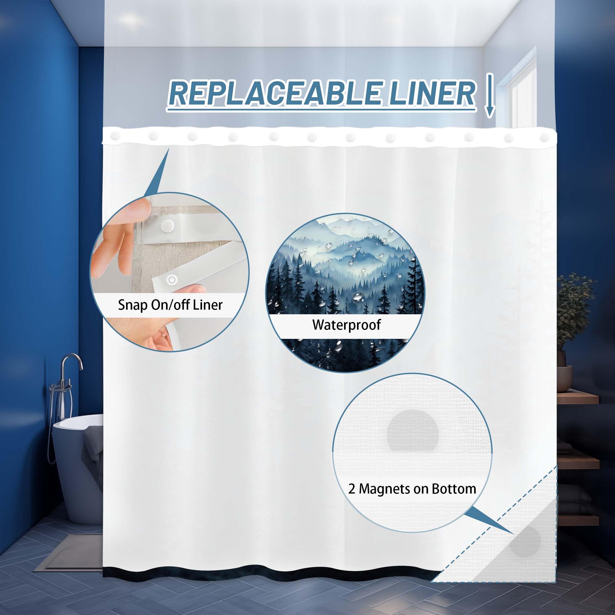 Qghot Forest Hookless Shower Curtain With Snap In Liner, Nature Mountain No Hook Double Layer Shower Curtain And Liner Set, Ring
