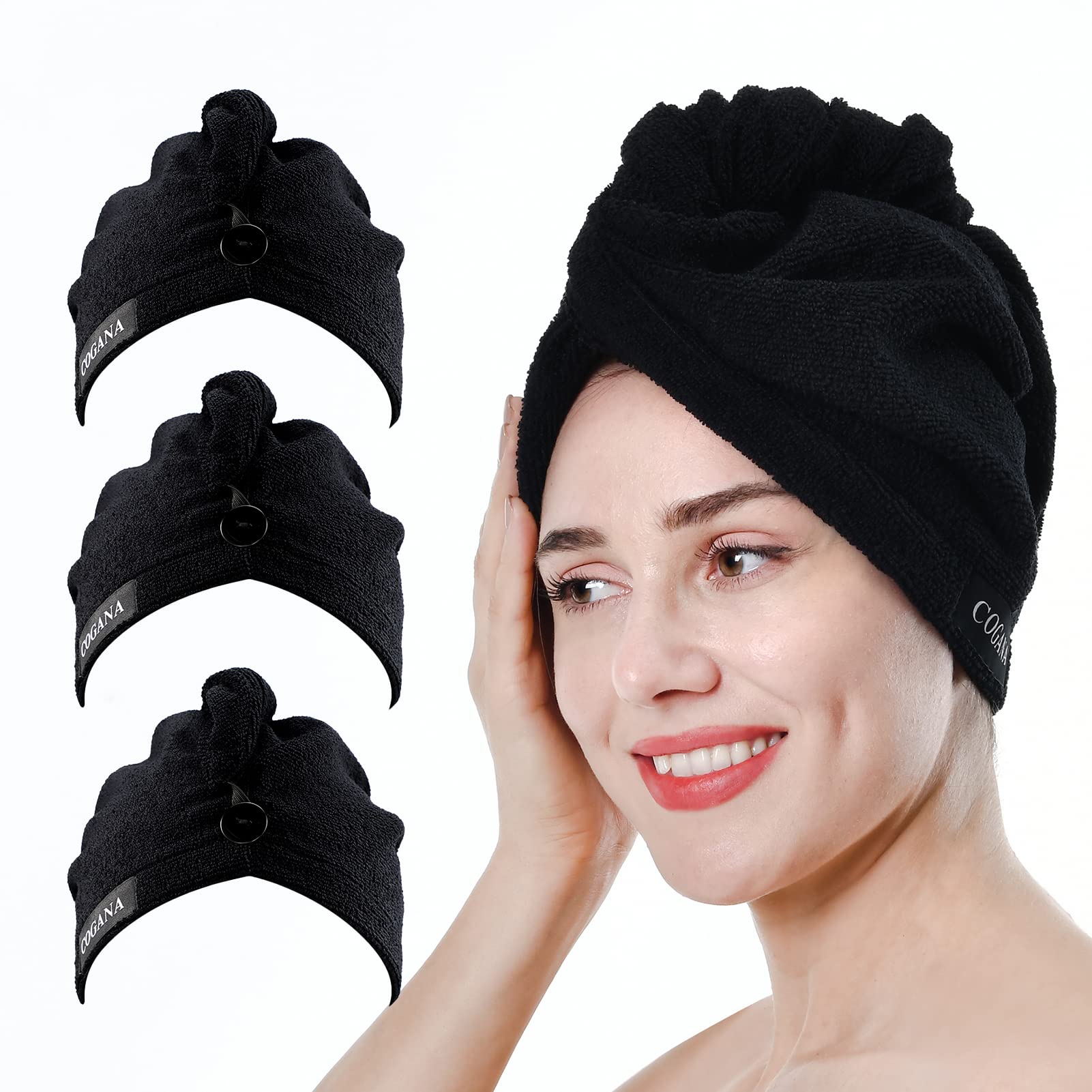 COGANA 3Pack Microfiber Hair Towels, Hair Towel Wrap for Women, Hair Drying Towel with Button, Hair Wrap Towel for Curly Hair, H