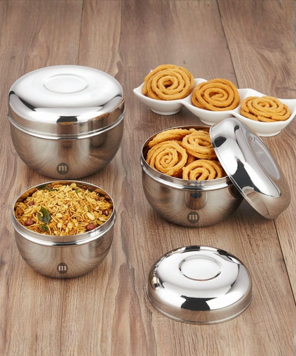 Maru Steel Kitchen Storage Container Set | Apple Shape Steel Dabba With Lid | Heavy Gauge Mirror Finish | Airtight Stackable Con
