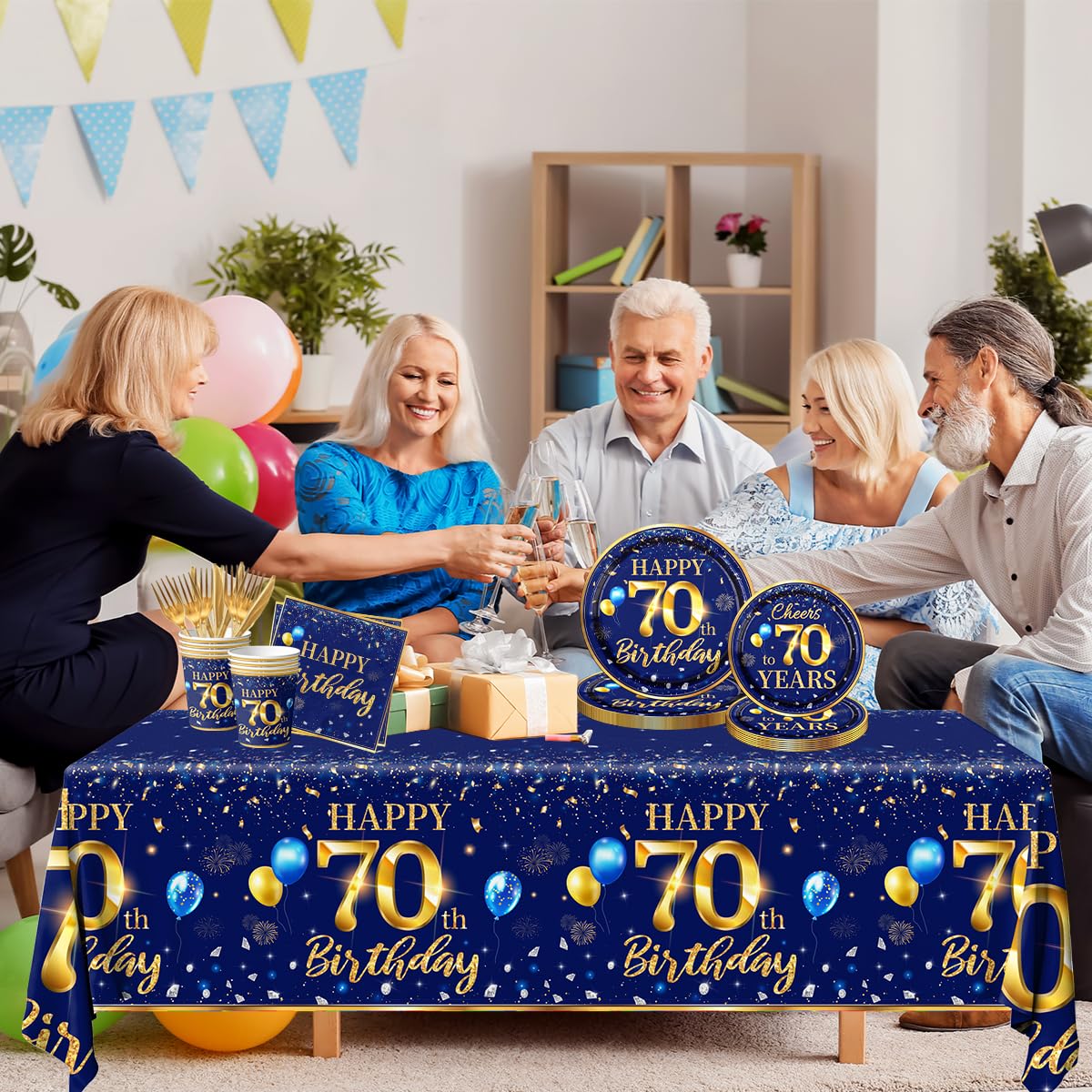 70Th Birthday Decoration Men-142Pcs Navy Blue And Gold Birthday Tableware Set(Serve For 20) Include Happy 70Th Birthday Banner P