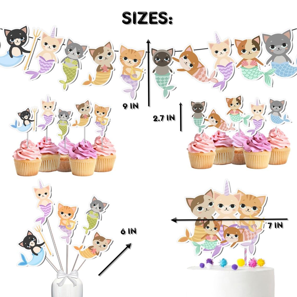 Mermaid Cat Party Decor Set - Whimsical Underwater Adventure Kit For Birthdays & Baby Showers, Includes Banners, Centerpieces, C