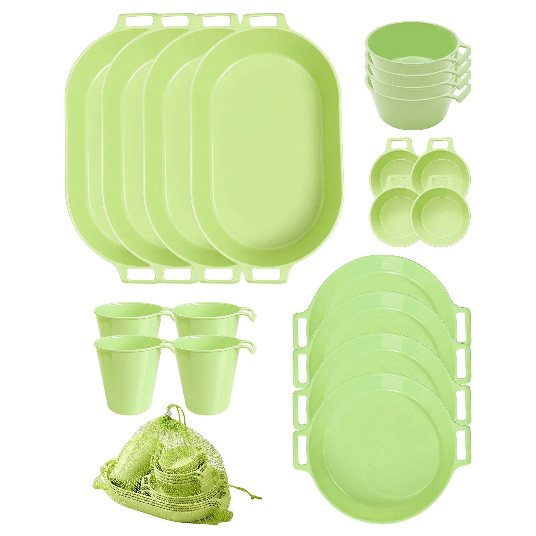 LZLOOK Dinnerware Set for 4, 21-Piece Unbreakable Plates and Bowls Set with Mesh Bag, Cups, Sauce Dishes and Serving Platters, L