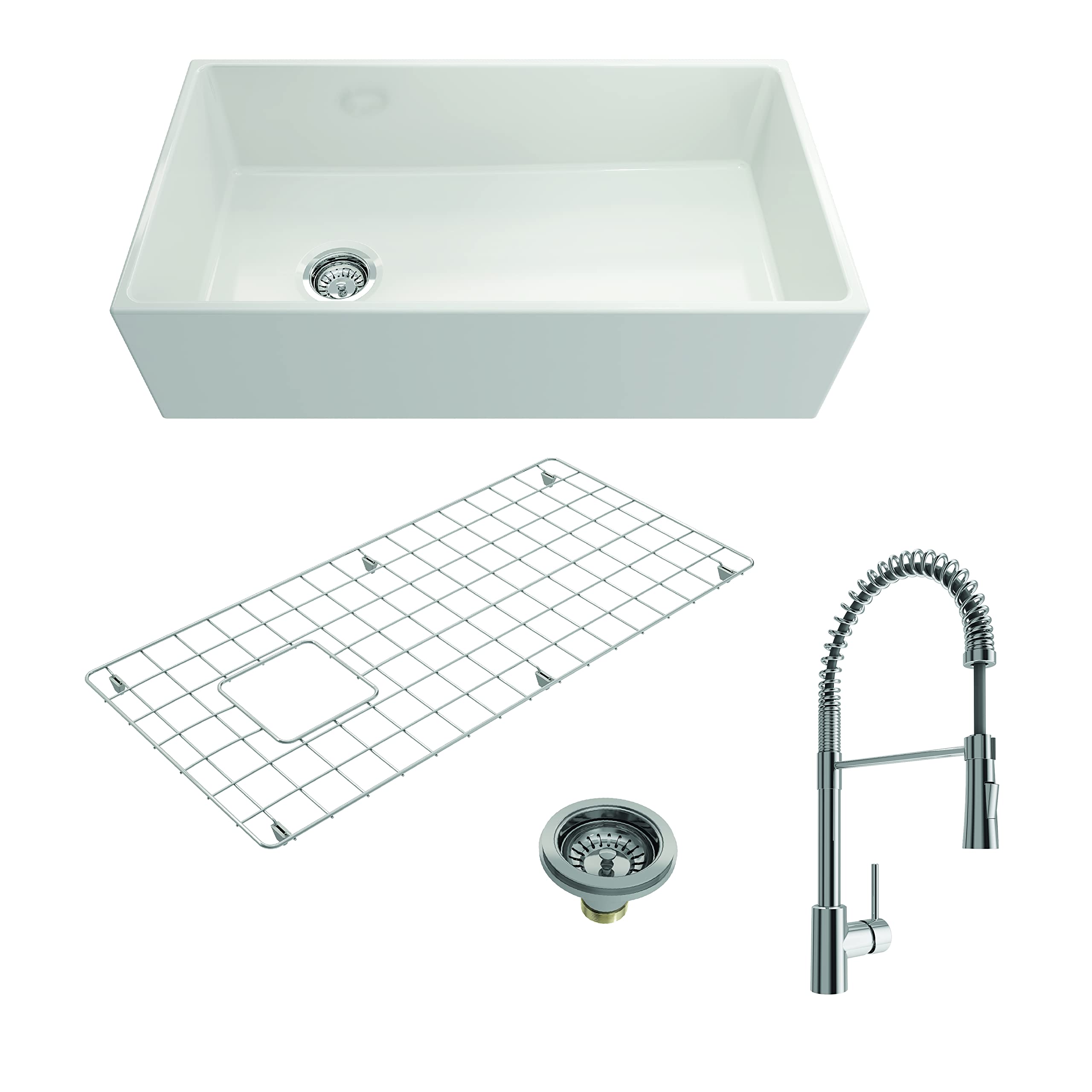Bocchi Contempo Apron Front Fireclay 36 In. Single Bowl Kitchen Sink In White With Chrome Faucet