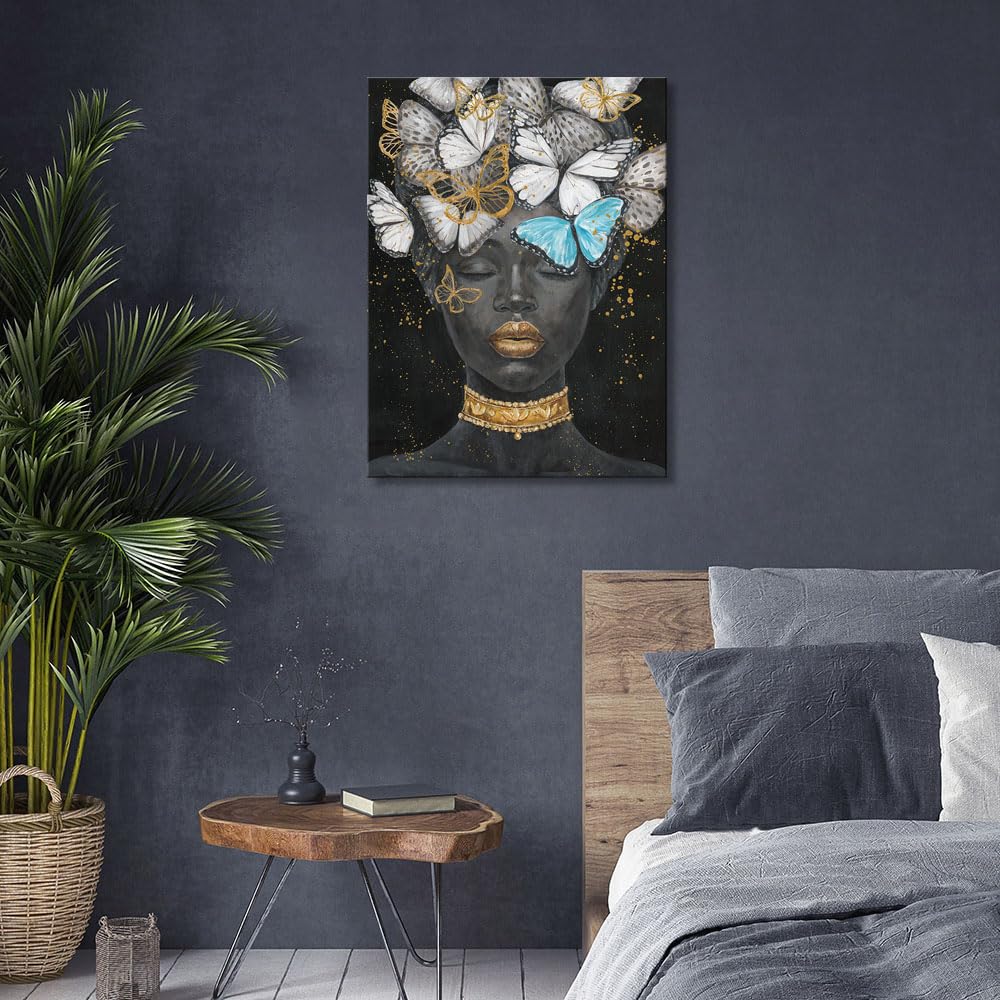 B Blingbling African American Woman Butterfly Picture: Black Woman Butterflies Wall Decor Canvas Painting For Living Room Bathro