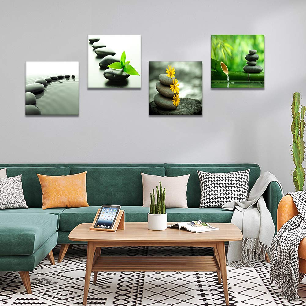 Artscope 4 Pieces Canvas Prints Wall Art - Japanese-Style Black Stone And Zen Culture Picture Painting- Modern Wall Artwork Fram