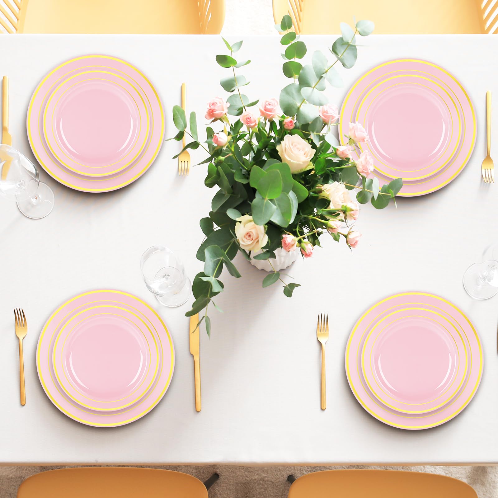 Whaline 50Pcs Valentine'S Day Light Pink Plastic Plate Gold Foil Bordered Disposable Plate Decorative Dinner Dessert Plate For W