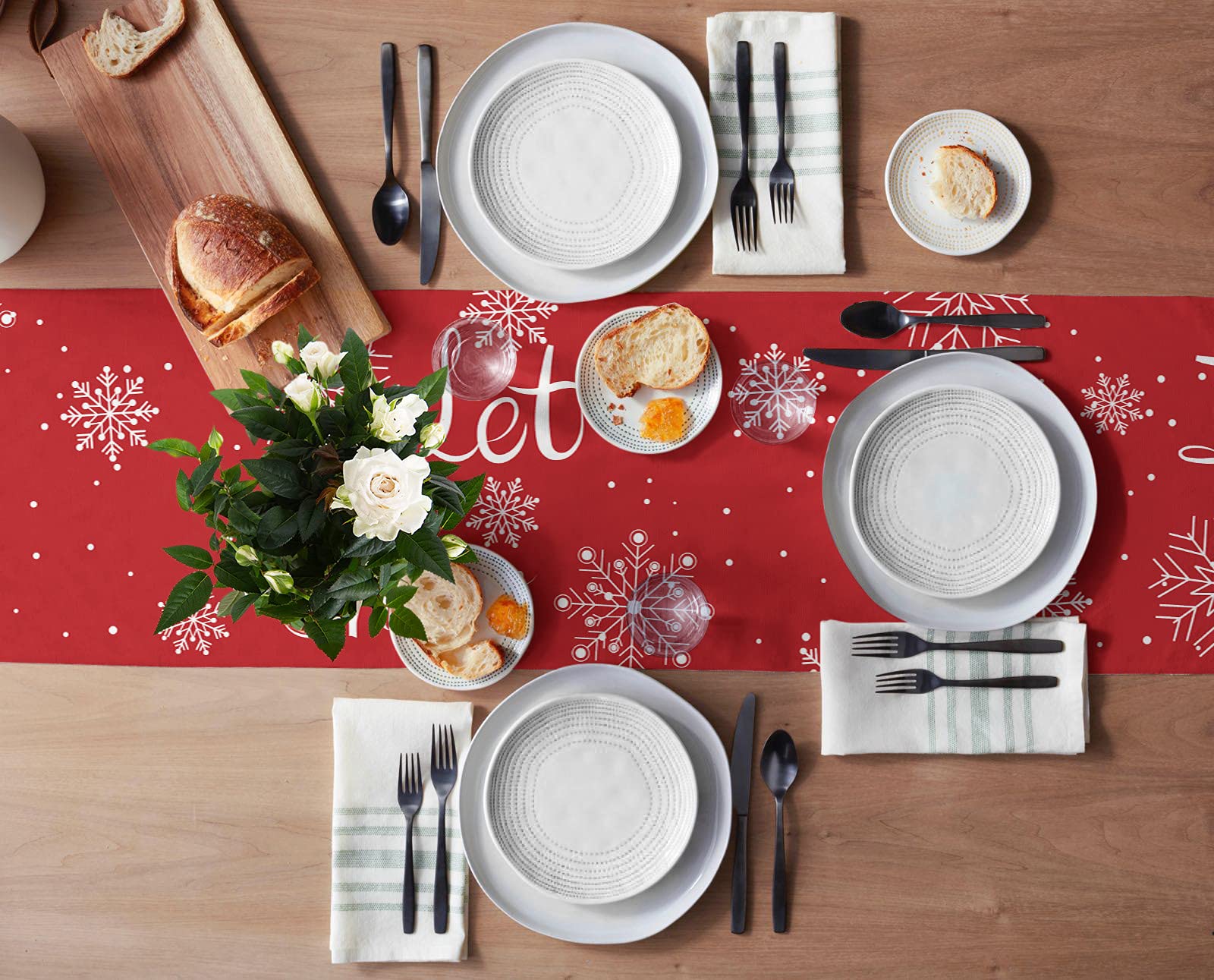 Christmas Table Runner-Cotton Linen-Let It Snow Dinner Scarf D  Cor,Long 108 Inch Holiday Winter Snowflake Dresser Scarves,Farmh