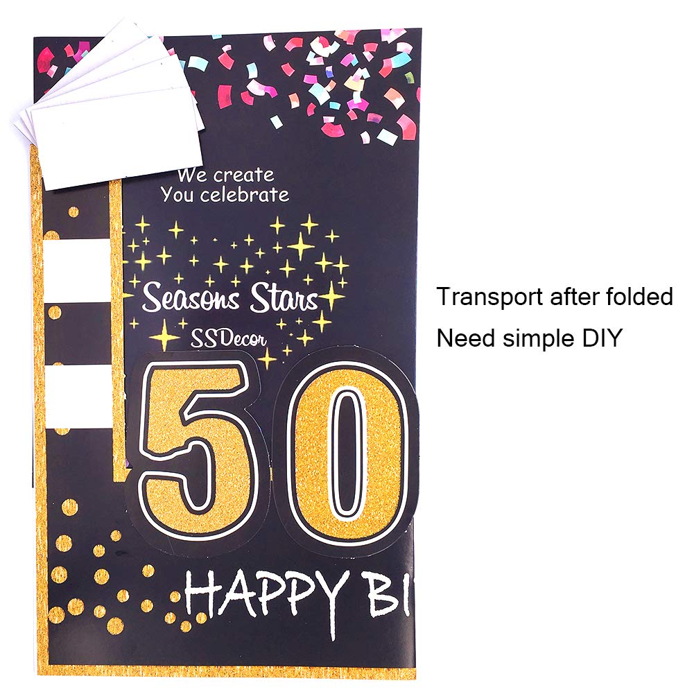 Seasons Stars Glittery 50th Birthday Photo Booth Frame - Black and Gold, Upgraded Version with Support Cardboard, 50-Inch