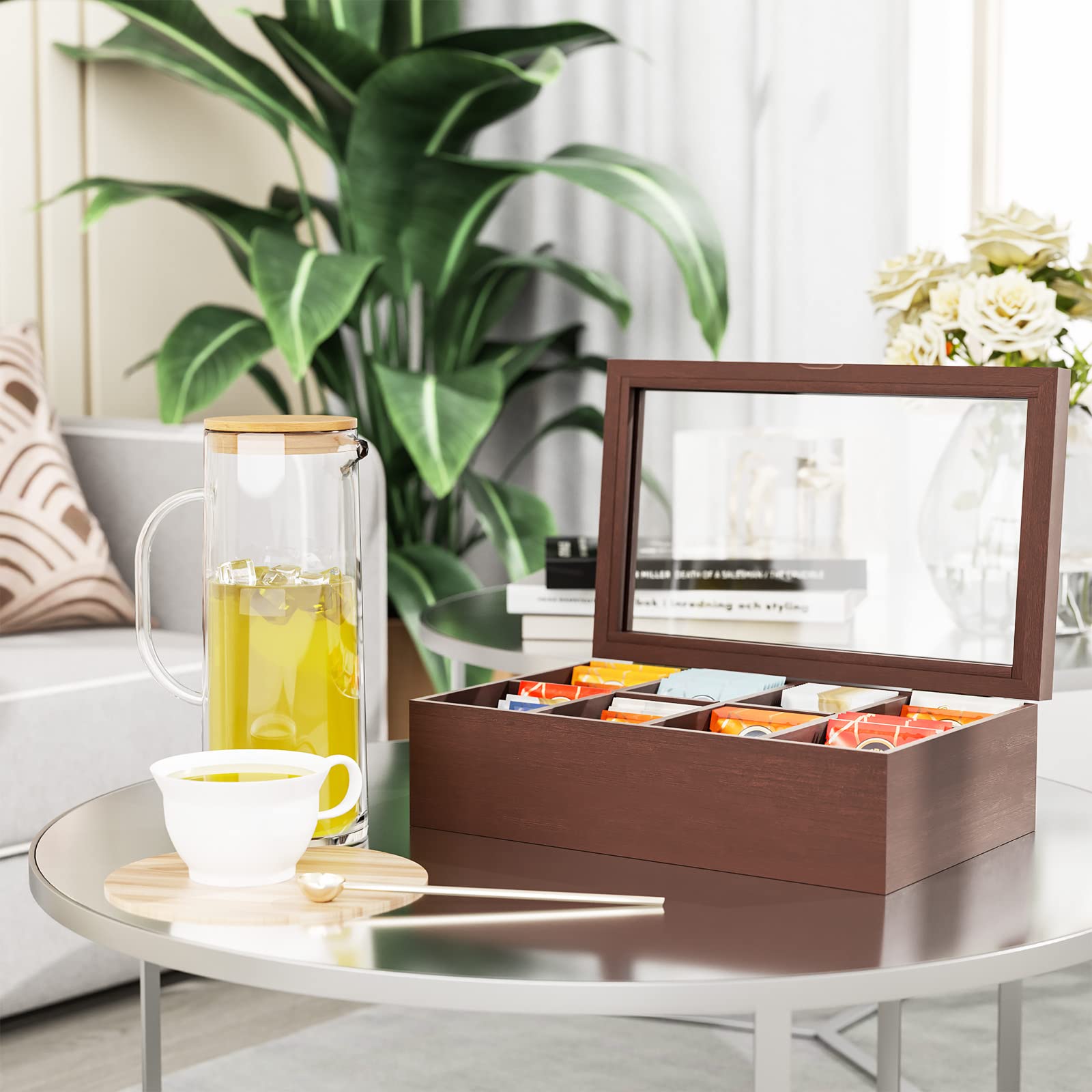 Alsonerbay Wooden Tea Box Tea Bag Holder Kitchen Storage Chest Box For Spice Pouches And Sugar Packets With 8 Compartments And G