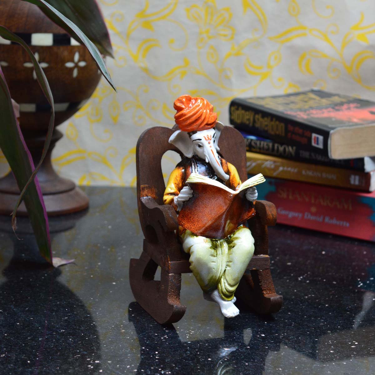 Ecraftindia Lord Ganesha Reading Book On Wooden Chair (Lxwxh - 4Inx5Inx6.5In)