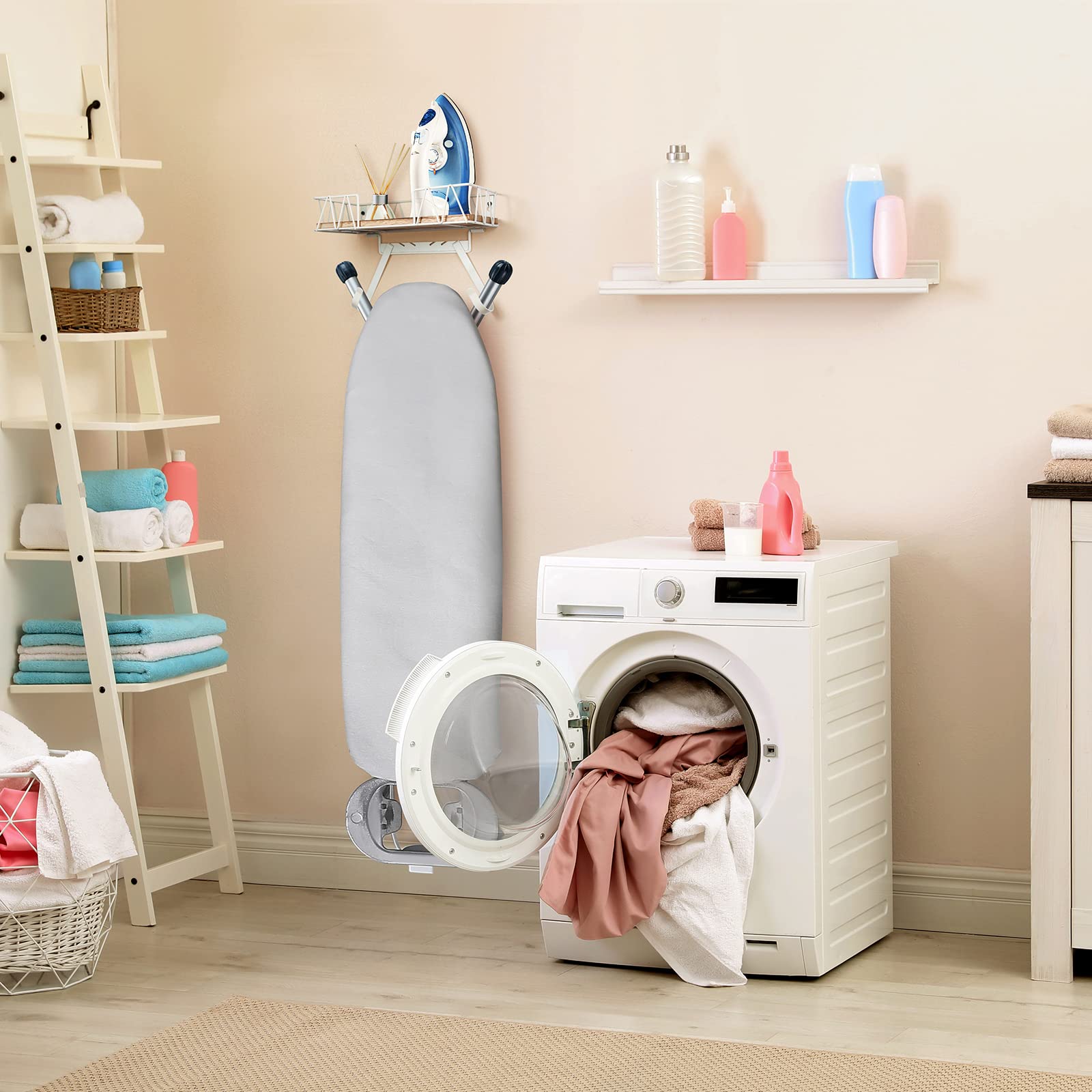 TJ.MOREE Ironing Board Hanger Wall Mount - Laundry Room Iron and Ironing Board Holder with Large Storage Wooden Base Basket and Removable Hooks(T&V Shaped) White