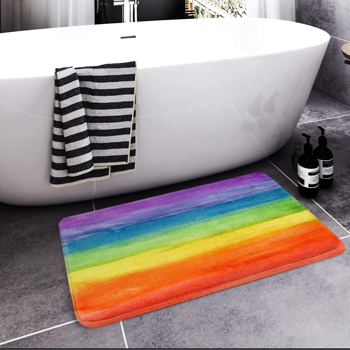 Britimes Bath Mat For Bathroom, Bathroom Mats Rugs No Silp, Colorful Stripe Rainbow Washable Cover Floor Rug Carpets Floor Mat B