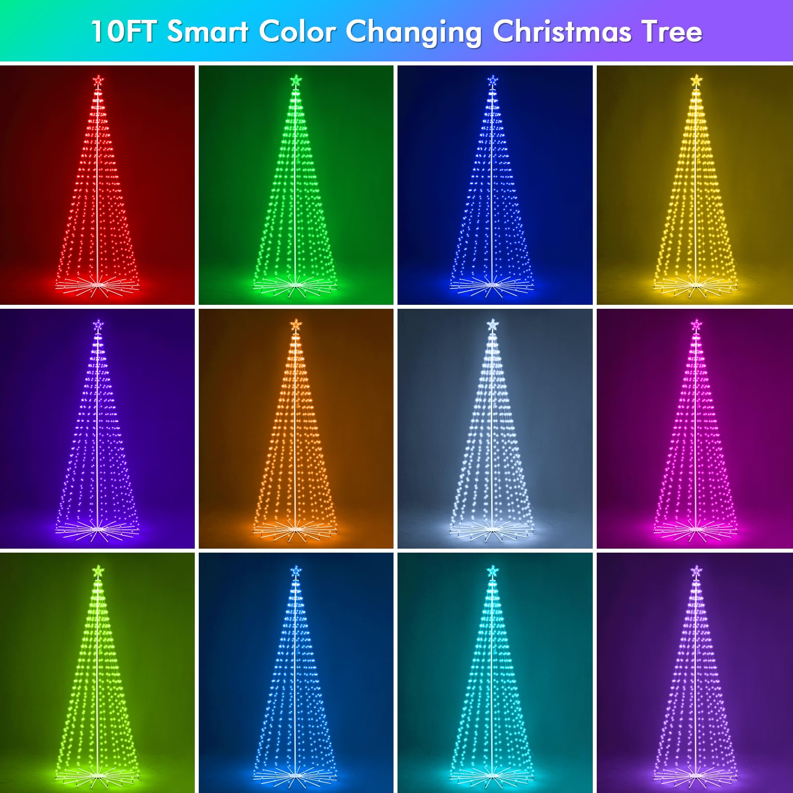 HOLILLUMA 10FT Outdoor Christmas Tree, RGB Color Changing Pre-lit Smart Cone Christmas Tree with LED Lights, App&Remote Control,