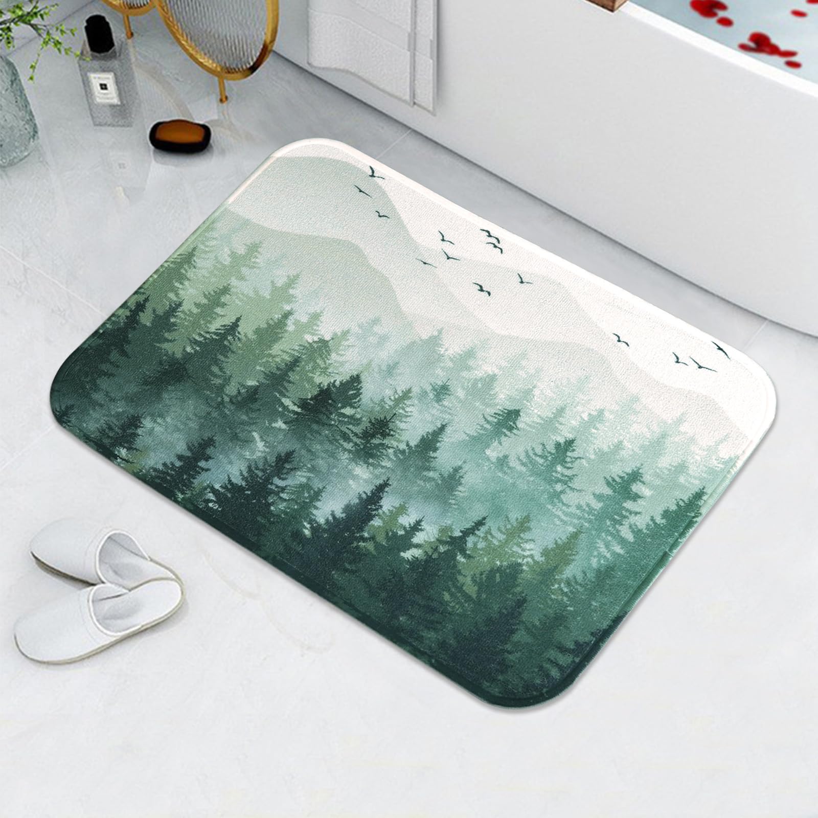 Accnicc Green Misty Forest Bathroom Rugs Mat Nature Tree Mountain Bath Rug Water Absorbent Non Slip Shower Mat Memory Foam Bath