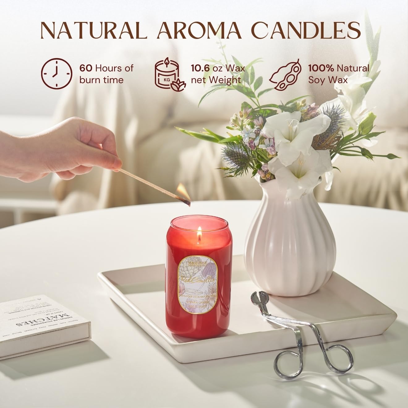 M&SENSE Strong Red Soy Scented Candle - Red Camellia Flower Scent, 10.6 oz, 60-Hour Burn,Sweet Stress Relief Candles Gift for Bi