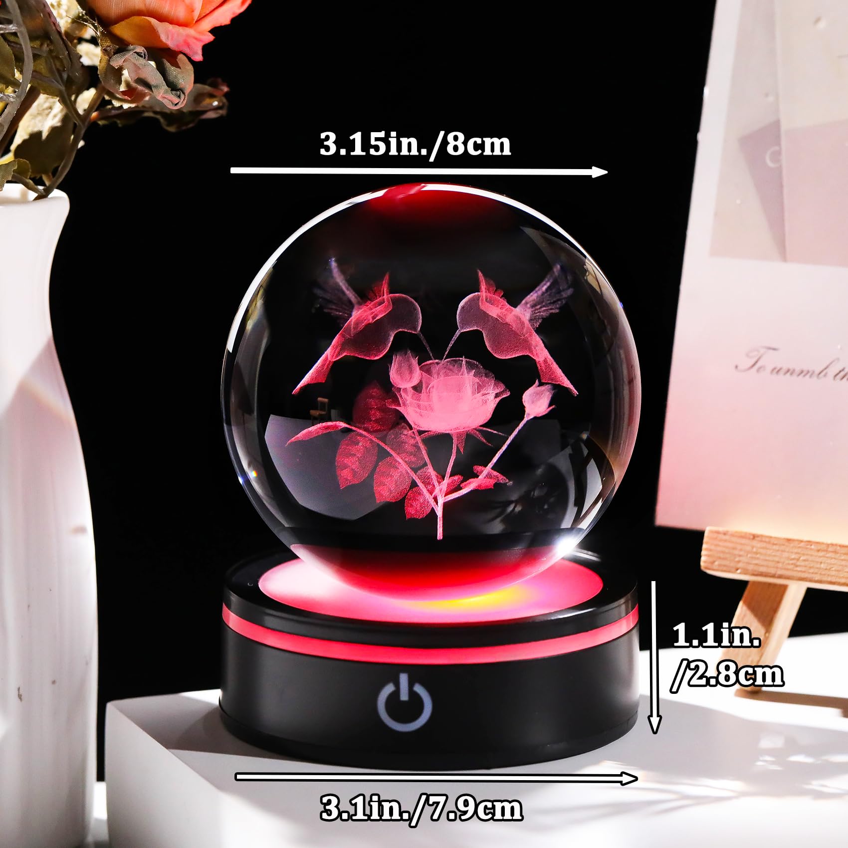 YWHL 3D Hummingbird Crystal Ball Figurine with LED Base, Hummingbird Gifts for Women Men on Birthday Christmas, Glass Decorative