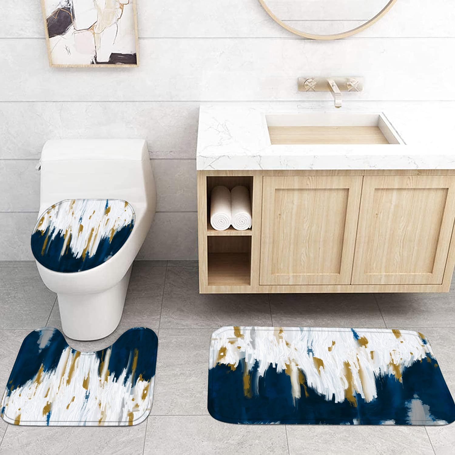 Apxpf 4 Pcs Blue Bathroom Set Shower Curtains For Bathroom Washable Shower Curtain Set With Rugs Bathroom Decor Shower Curtain S