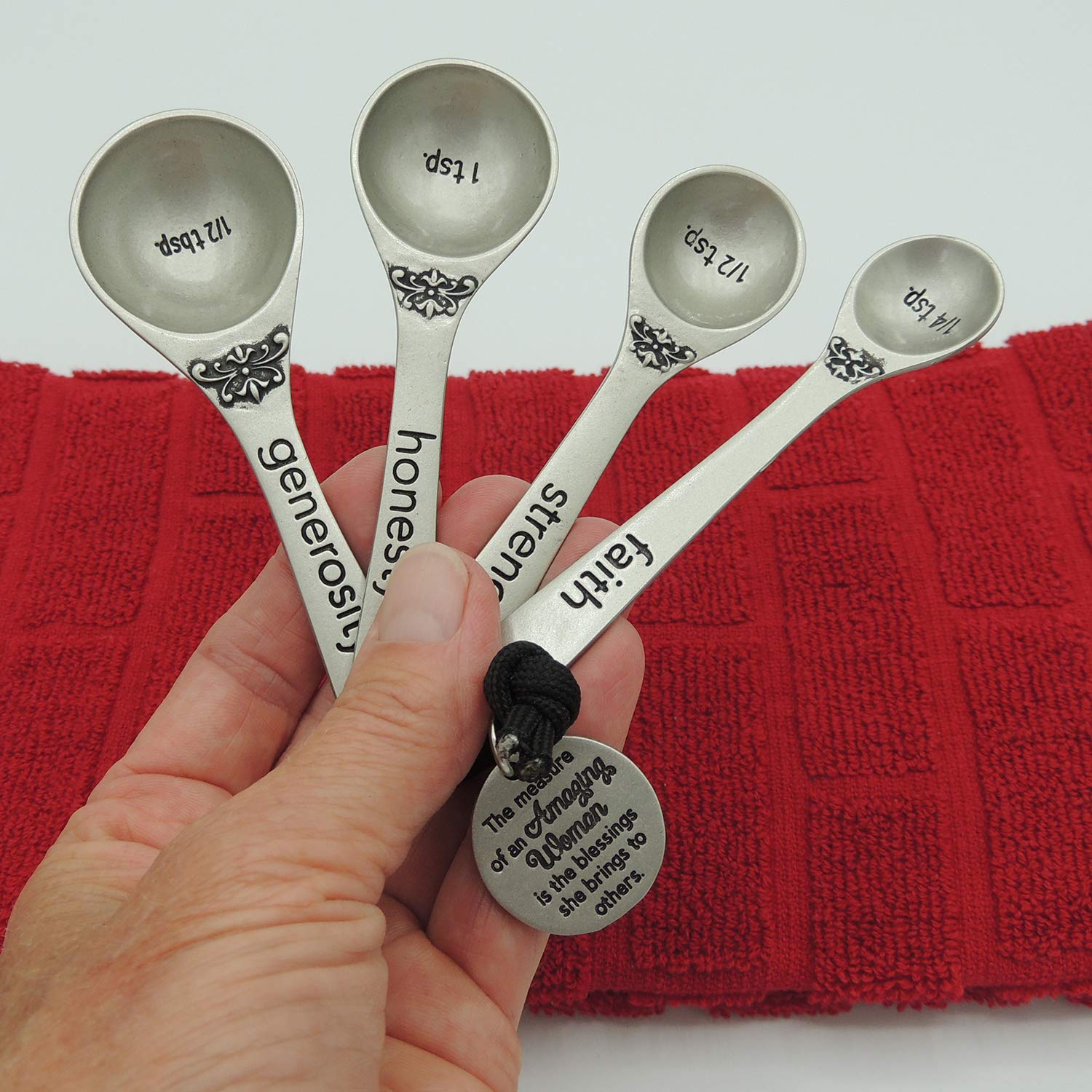 Amazing Woman Measuring Spoon Set, Decorative Gifts And Kitchen Accessories, 4 Spoons, Engraved Pewter And Silver Enamel, By Abb