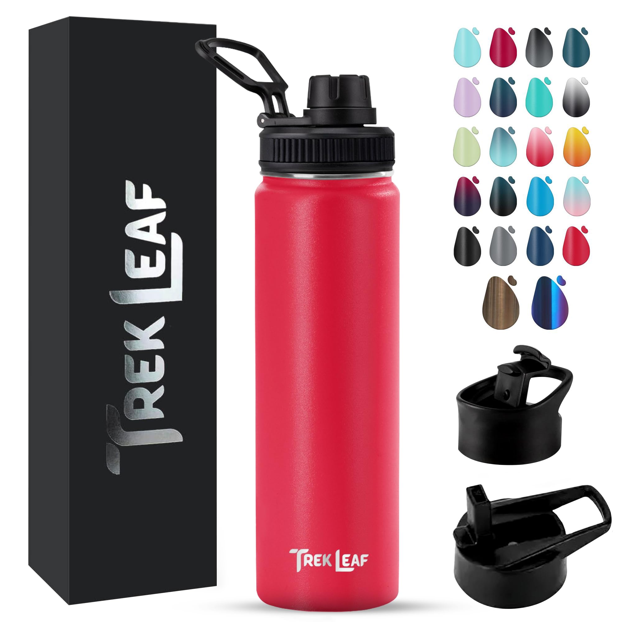 Trek Leaf Travel Water Bottle with 3 Lids (Spout, Straw, Flip) Leak Proof, Quality, Vacuum Insulated, Stainless Steel (Red, 22 o