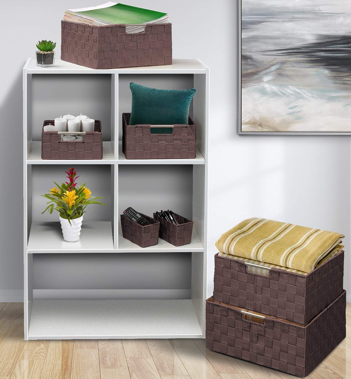 Sorbus Storage Baskets for Organizing (Set of 7)  Mesh Hand-Woven Design  Linen Closet Organizers and Storage  Organizer Storage Baskets for Shelves  Variety Pack Organizers and Storage (Chocolate)