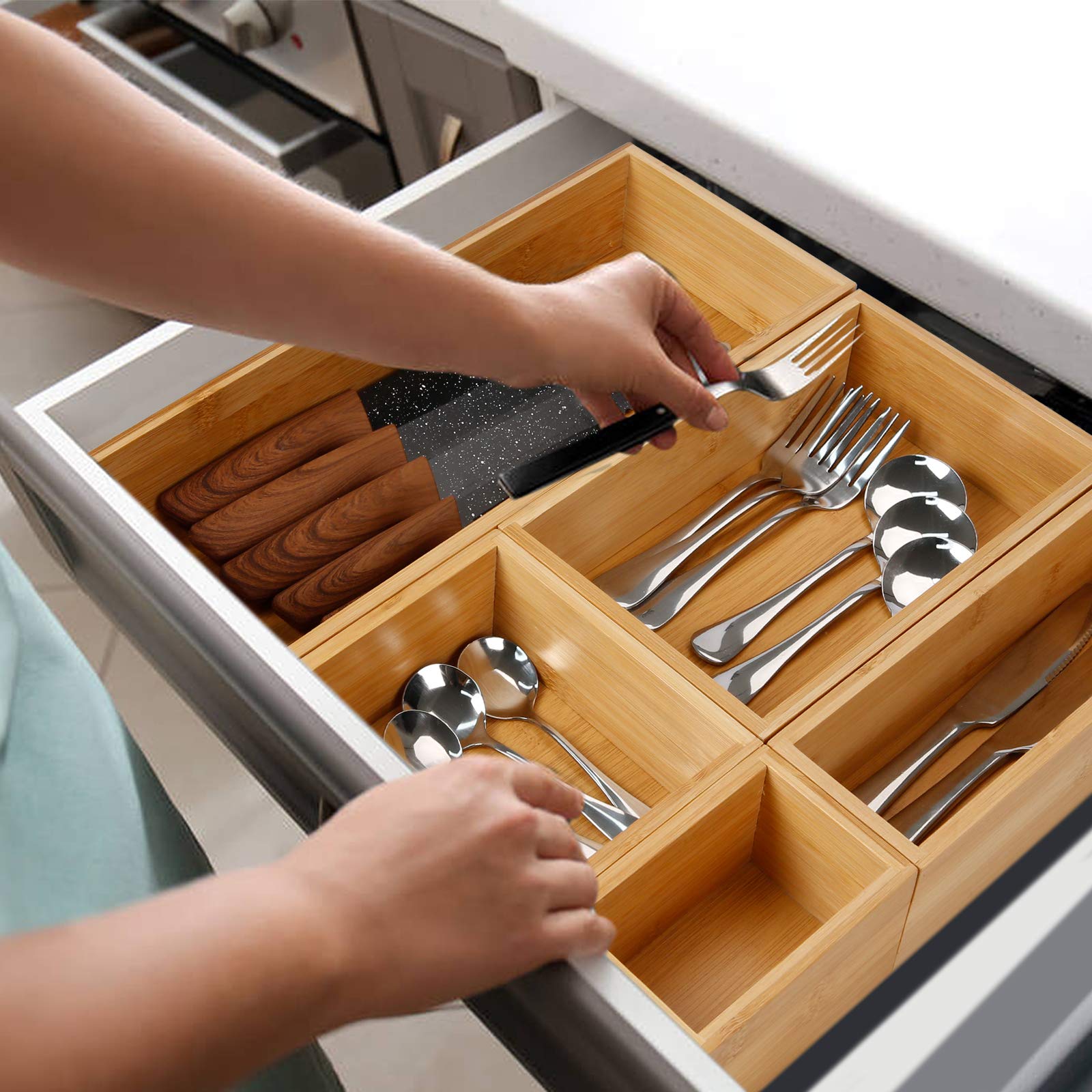 Secura Kitchen Drawer Utensil Organizer Box Set ?? ????????, Bamboo Utensil Holder Cutlery Makeup Silverware Jewelry Flatware Or
