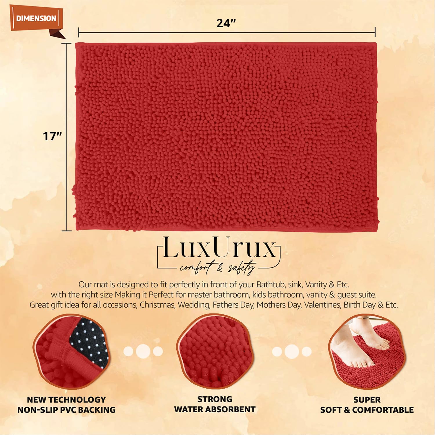 Luxurux Red Bath Mat, Christmas D   Cor Extra-Soft Plush Bath Bathroom Rug,1'' Chenille Microfiber Material, Super Absorbent Sha