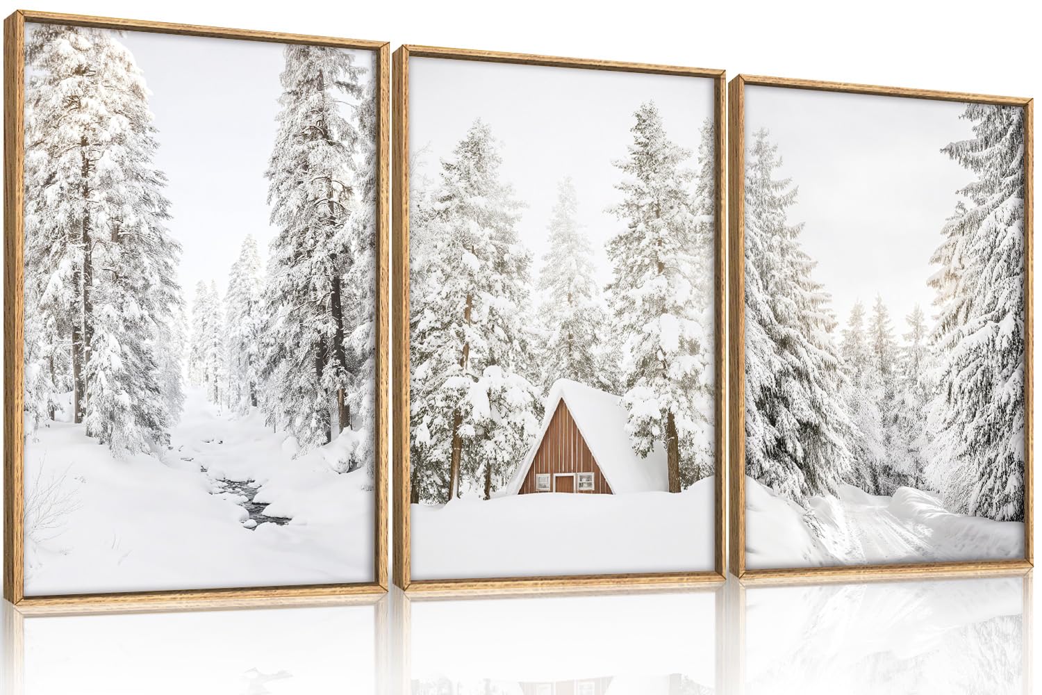 HLNIUC Christmas Snow Forest Framed Wall Art Set of 3, Large Winter Mountain Pine Tree Decor, Vintage White Cabin Landscape Canv