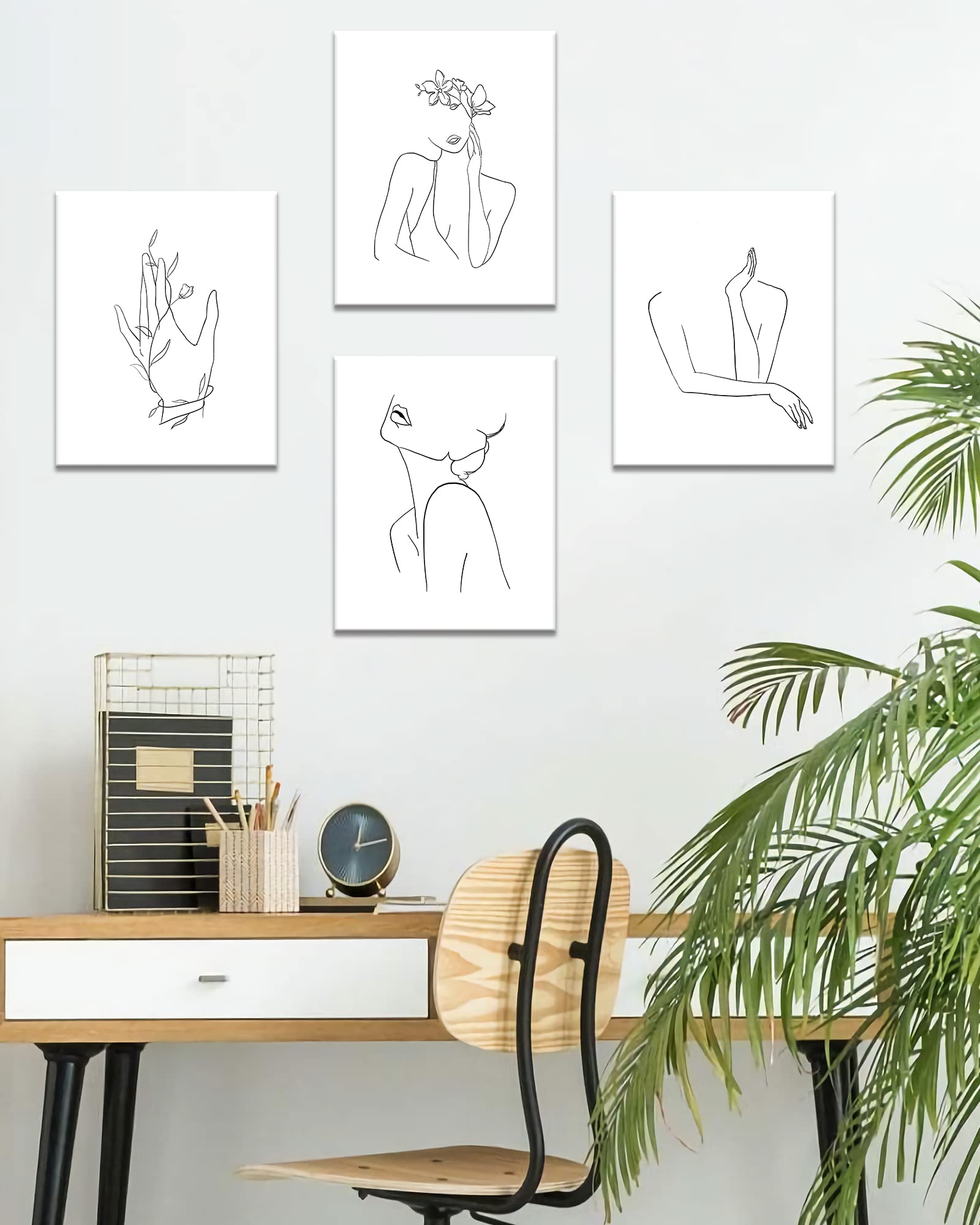 Minimalist Line Art Prints Wall Decor - Abstract Flower Line Art - Modern Black and White Artwork - Women Office Bedroom Bathroom Decoration - FRAMED  8''x10''  4 Piece Set