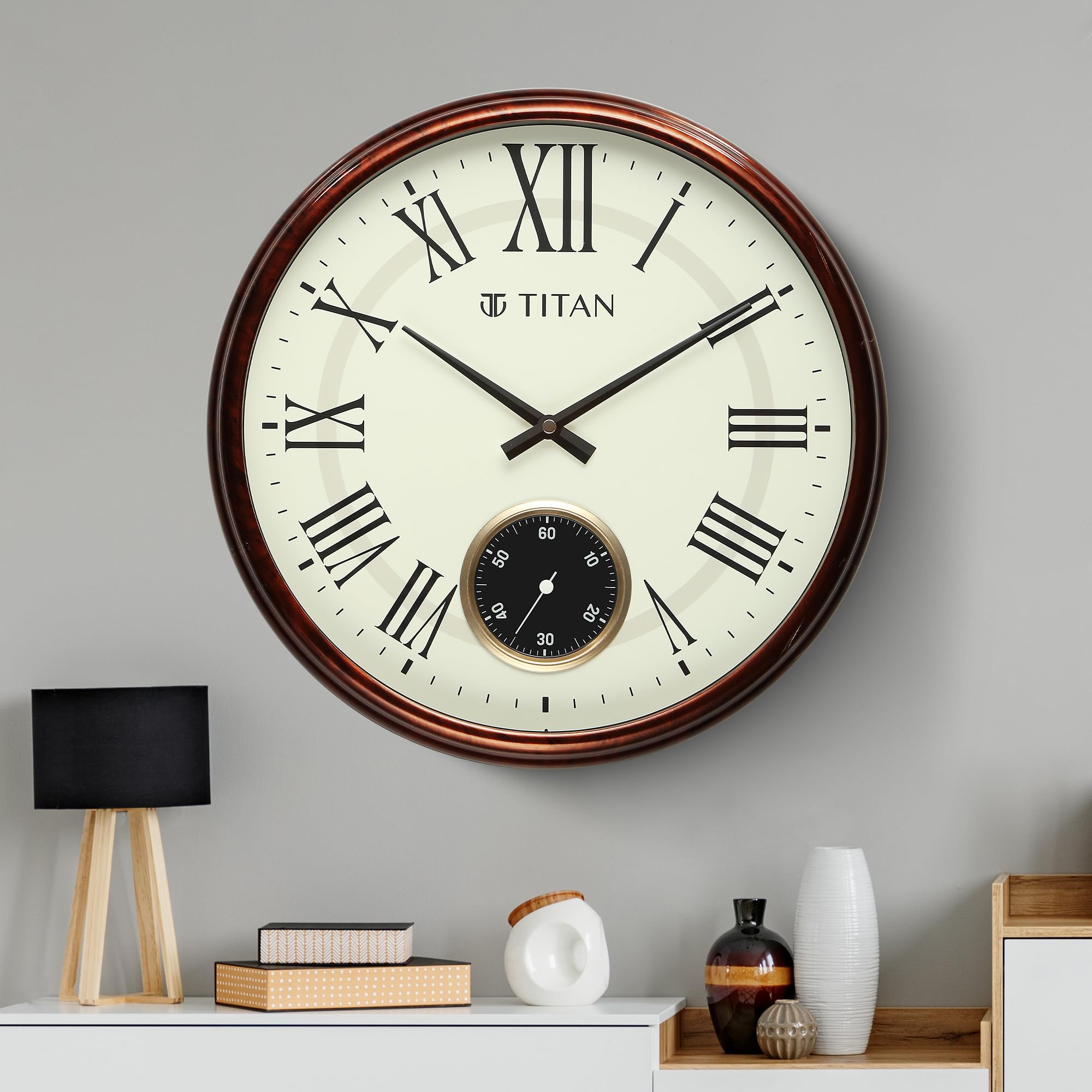 Titan Classic Sub-Second Analog Wall Clock - Plastic Wood Finish (35Cm X 35 Cm), Silent Sweep Movement, Non-Ticking, W0091Pa01