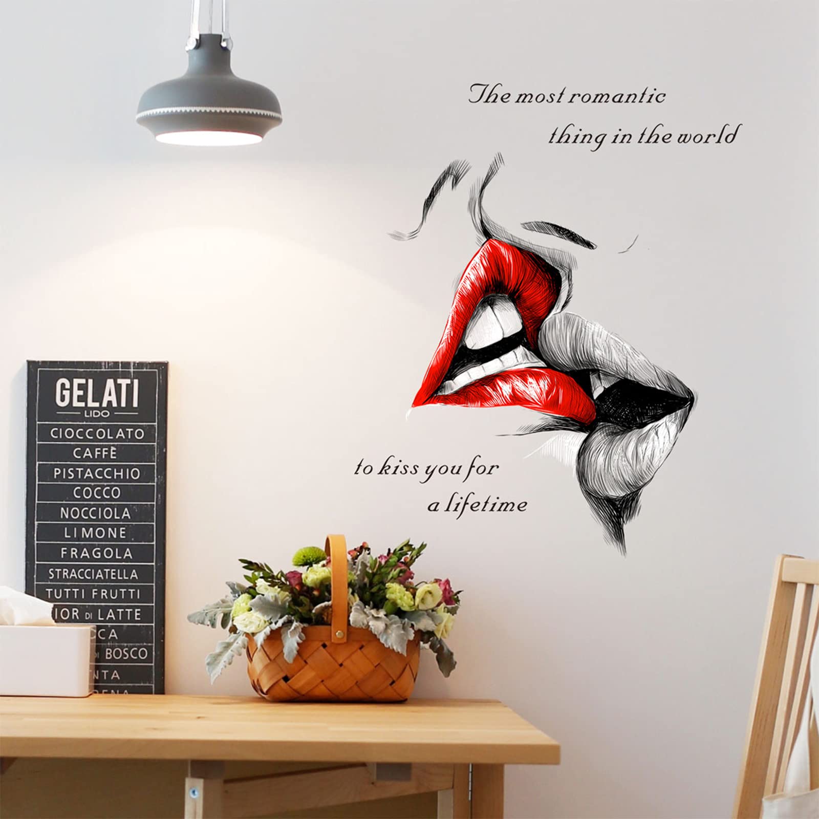 Cokoyy Sexy Red Lips Kiss Wall Decals, Kiss You For A Lifetime Quotes Wall Stickers, Kissing Lips Fashion Silhouette Mural, Remo