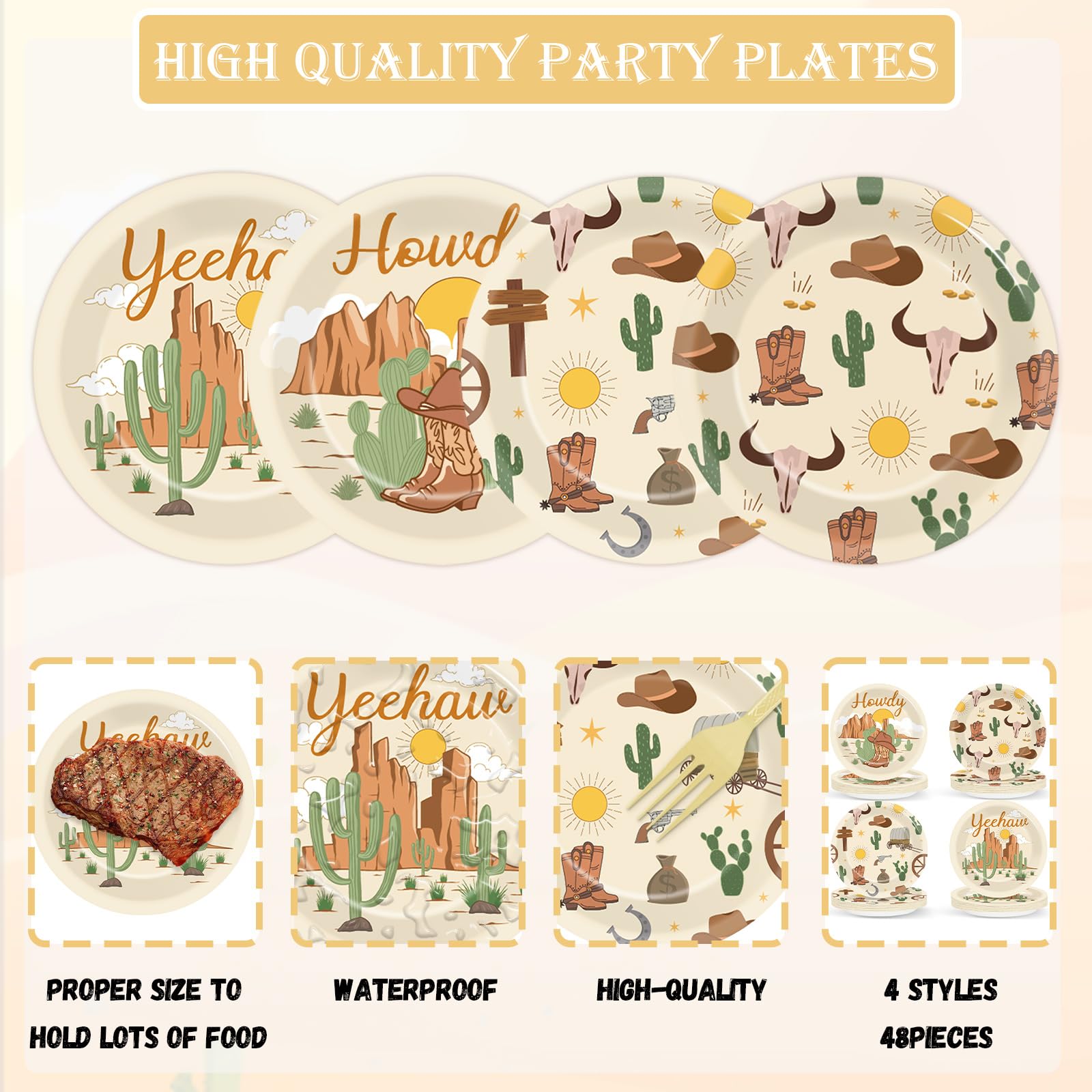 Chunnin 48Pcs Western Cowboy Rodeo Party Paper Plates For Wild West Theme Party Supplies 7'' Howdy Cowgirl Yeehaw Birthday Party