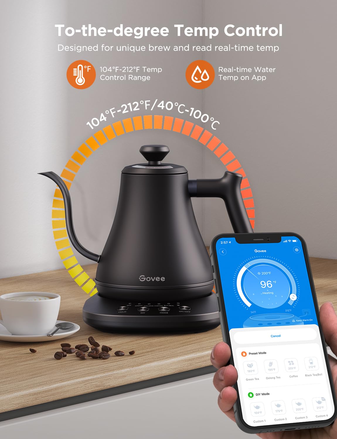Govee Smart Electric Kettle, 0.8L WiFi Gooseneck Tea Kettle, 1200W Stainless Steel, Alexa Control, Matte Black, Model H7170