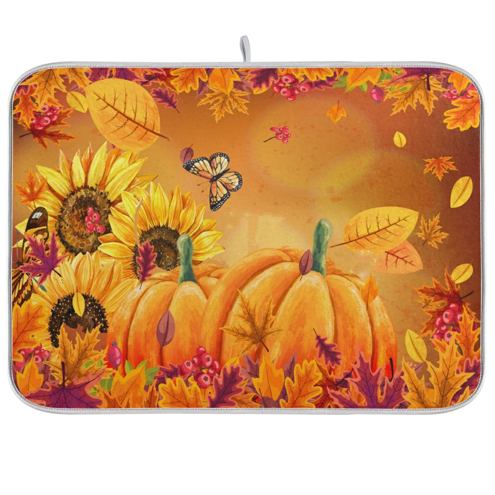 Kcldeci Autumn Fall Dish Drying Mat 18X24 Inch Pumpkin Fall Leaves Butterfly Drying Pad Dish Drainer Mat Protector For Kitchen C
