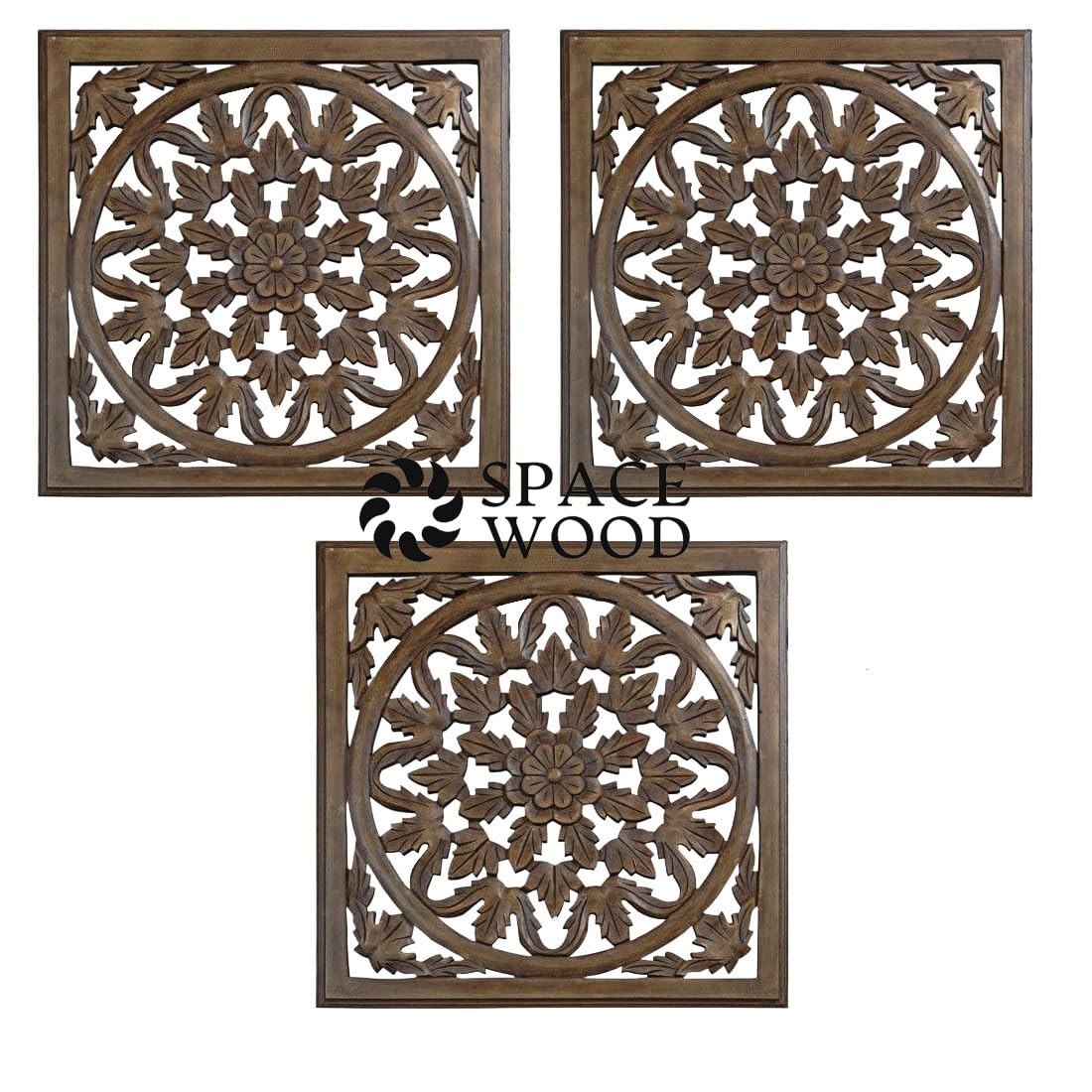 SPACE WOOD Wall Hanging Panel | Decorative Frame for Living Room | MDF Wooden Decor for Home, 12x12 Inches, Brown (Pack of 3)