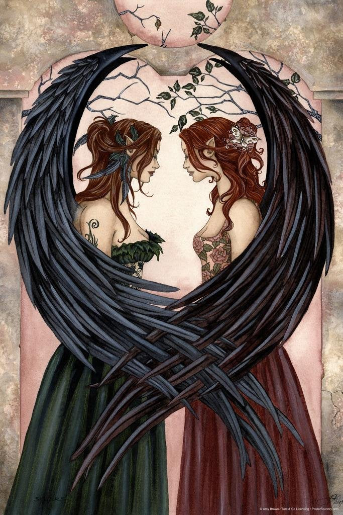 Sisters By Amy Brown Fairy Heart Wings Embrace Fantasy Poster Butterfly Elf Love Magical Cool Wall Art Print Poster 24X36