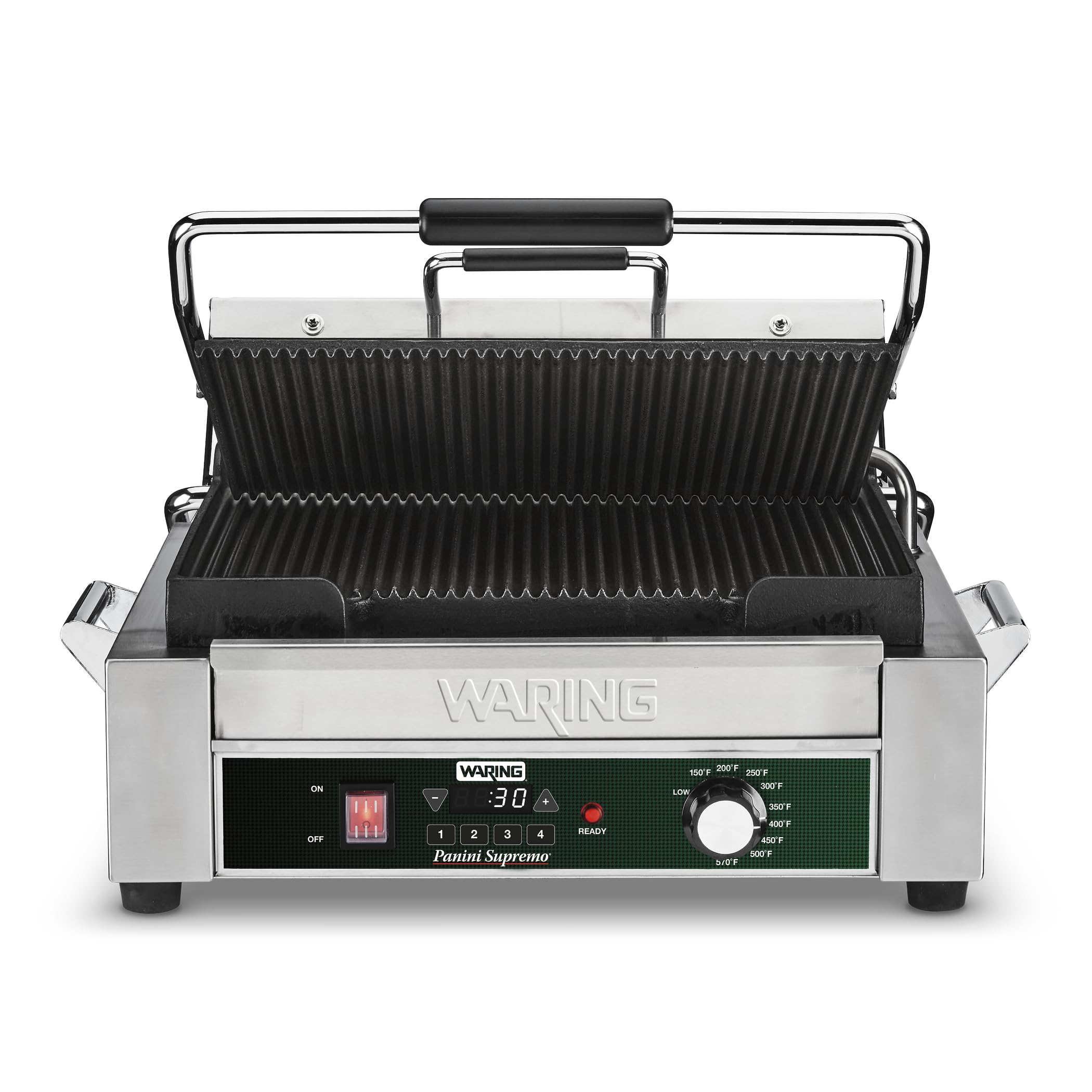 Waring Commercial Panini Press with Programmable Timer, Ribbed Cast Iron Plates, 14.5 x 11 Cooking Surface, 570F Adjustable Ther