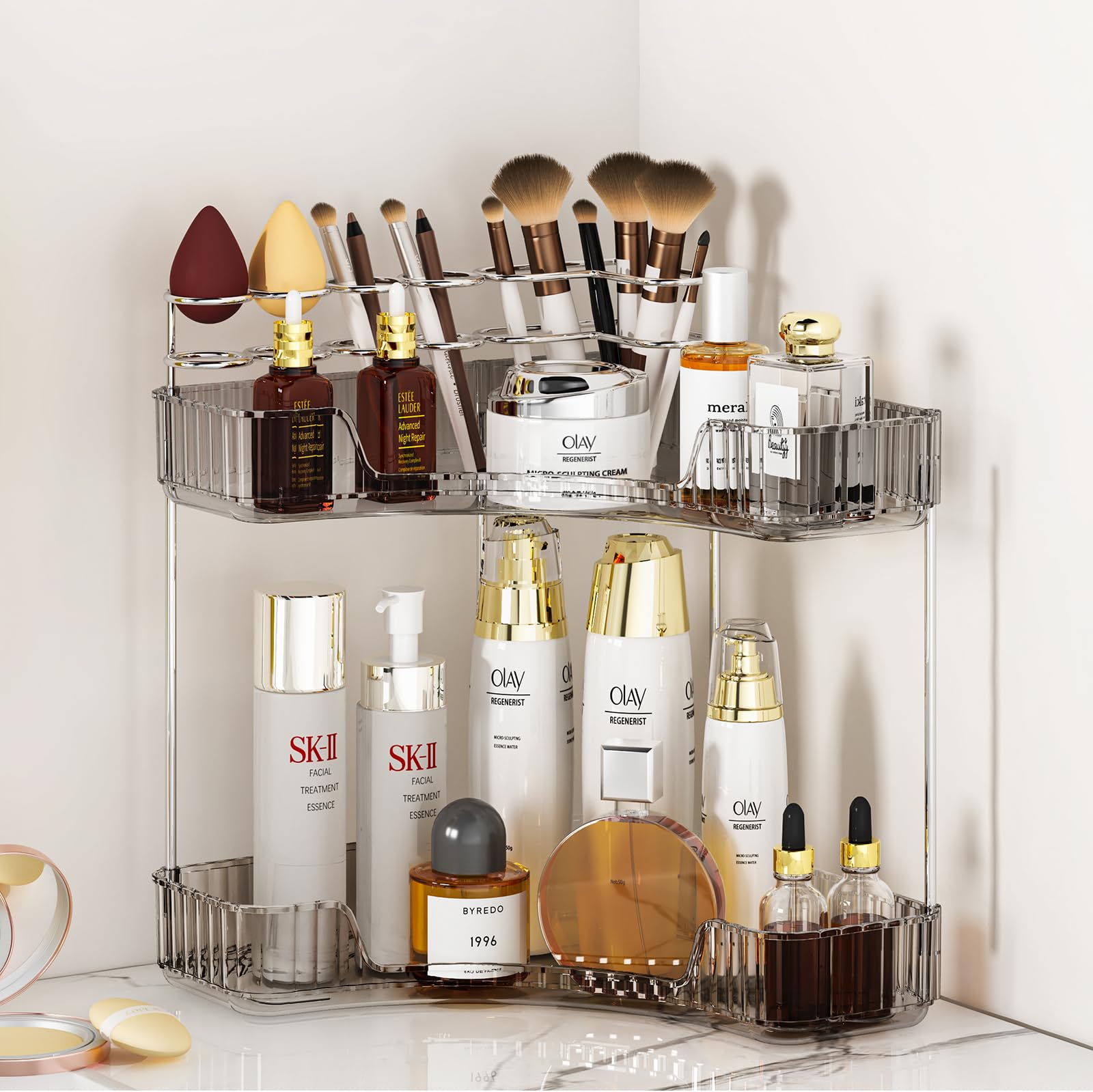 2 Tier Corner Bathroom Counter Organizer, Bathroom Countertop Shelf With Makeup Brush Holder, Makeup Organizer For Vanity Perfum