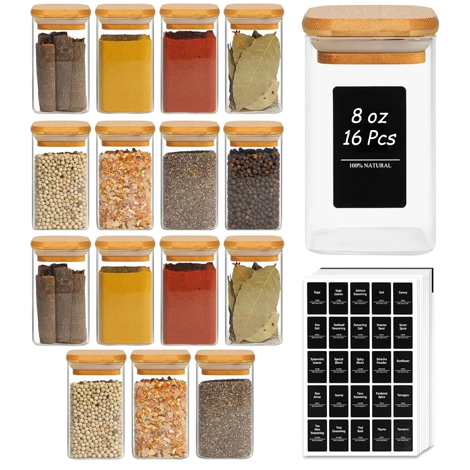 ComSaf Spice Jars with Labels 8 oz 16Pack, Small Spice Containers Starter Set, Glass Seasoning Jars with Lids, Square Seasoning 